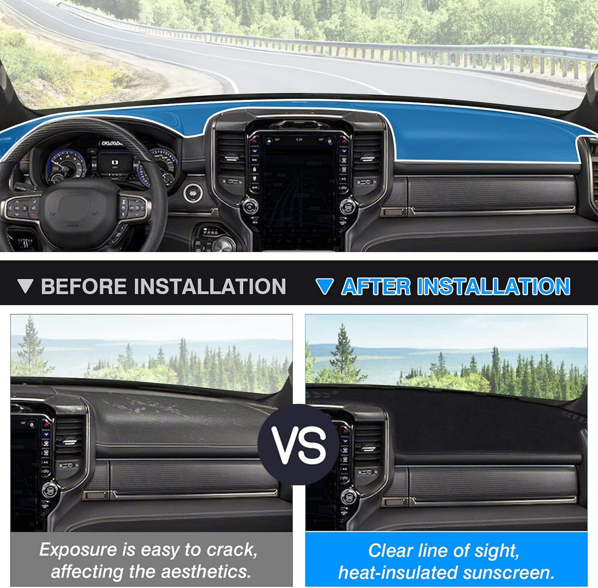Autorder Dashboard Cover Mat for 2019-2023 2024 2025 2026 Dodge Ram 1500 2500 3500 Accessories Dash Cover Flannel Dash Mat Sunshade Glare UV Rays Protector Black