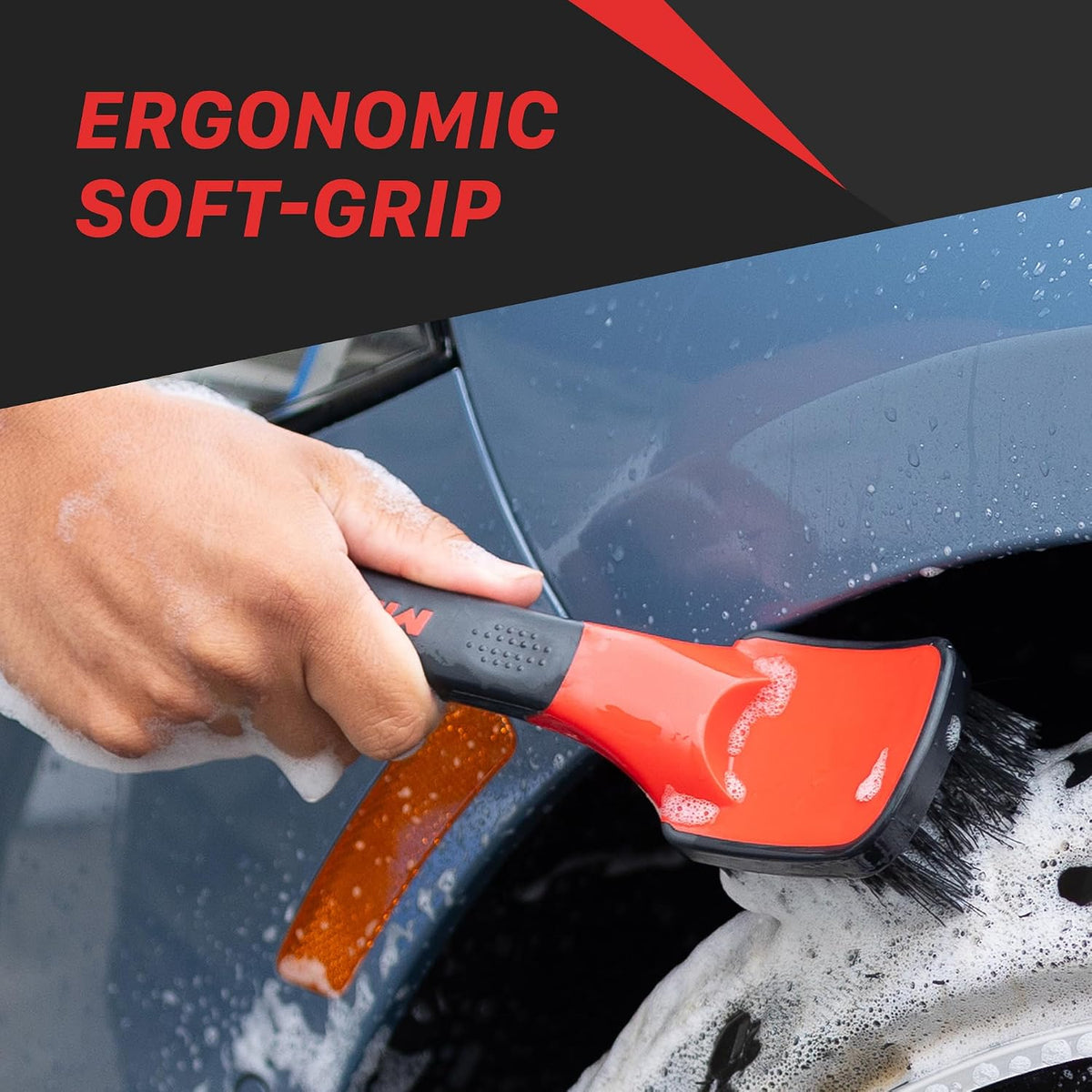 Maxshine Universal Soft Grip Heavy Duty Brush - Ergonomic Short Handle, Anti-Slip Grip, Scratch-Resistant Bumper, Stiff Bristles for Tire, Carpet, Floor Mats & Tough Surface Auto Detailing