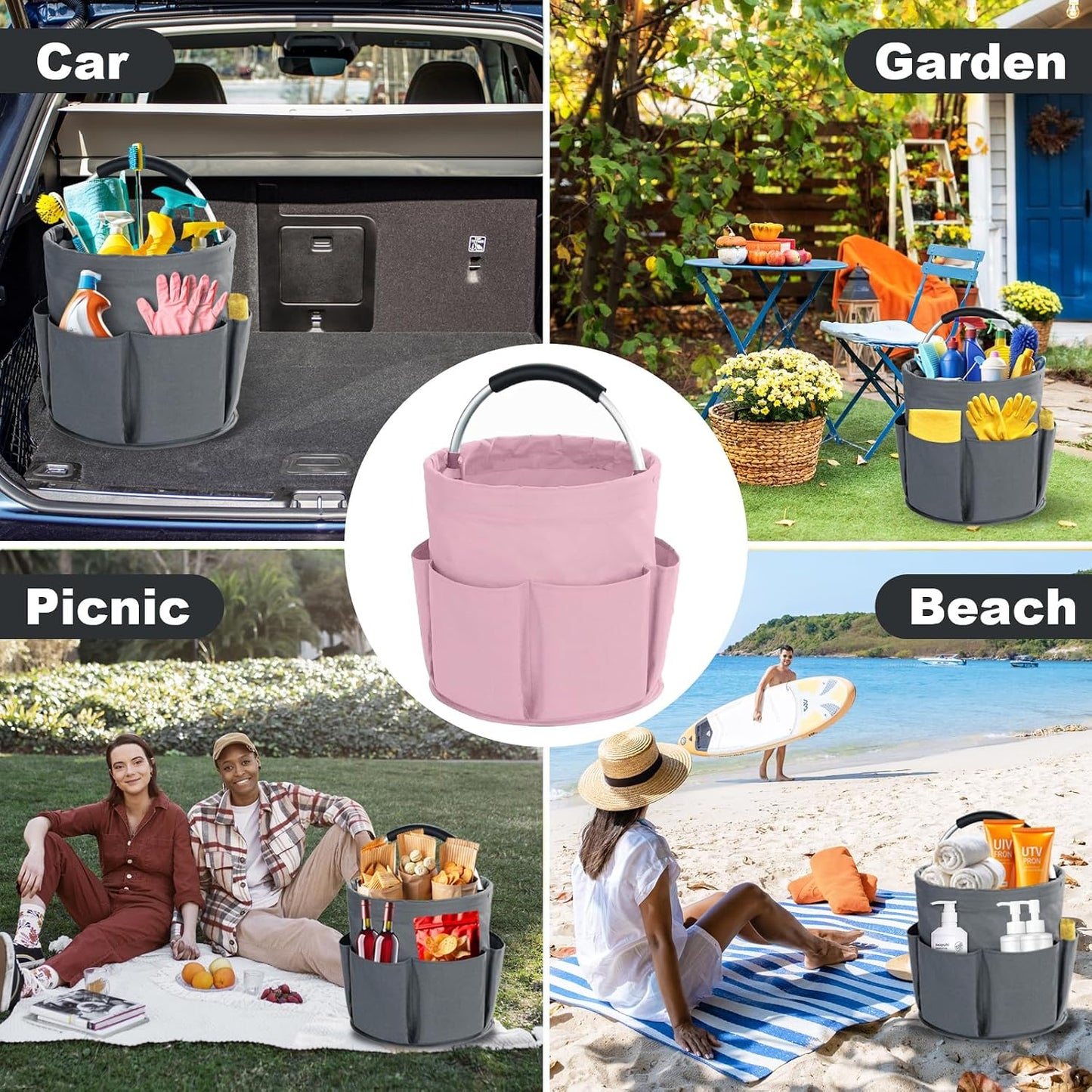 Cleaning Caddy with Handle, Cleaning Products Organiser, 17L Foldable Storage Basket, Cleaning Caddy Organiser, Portable Multi Cleaning Bucket Bag for Home, Garden (Pink)