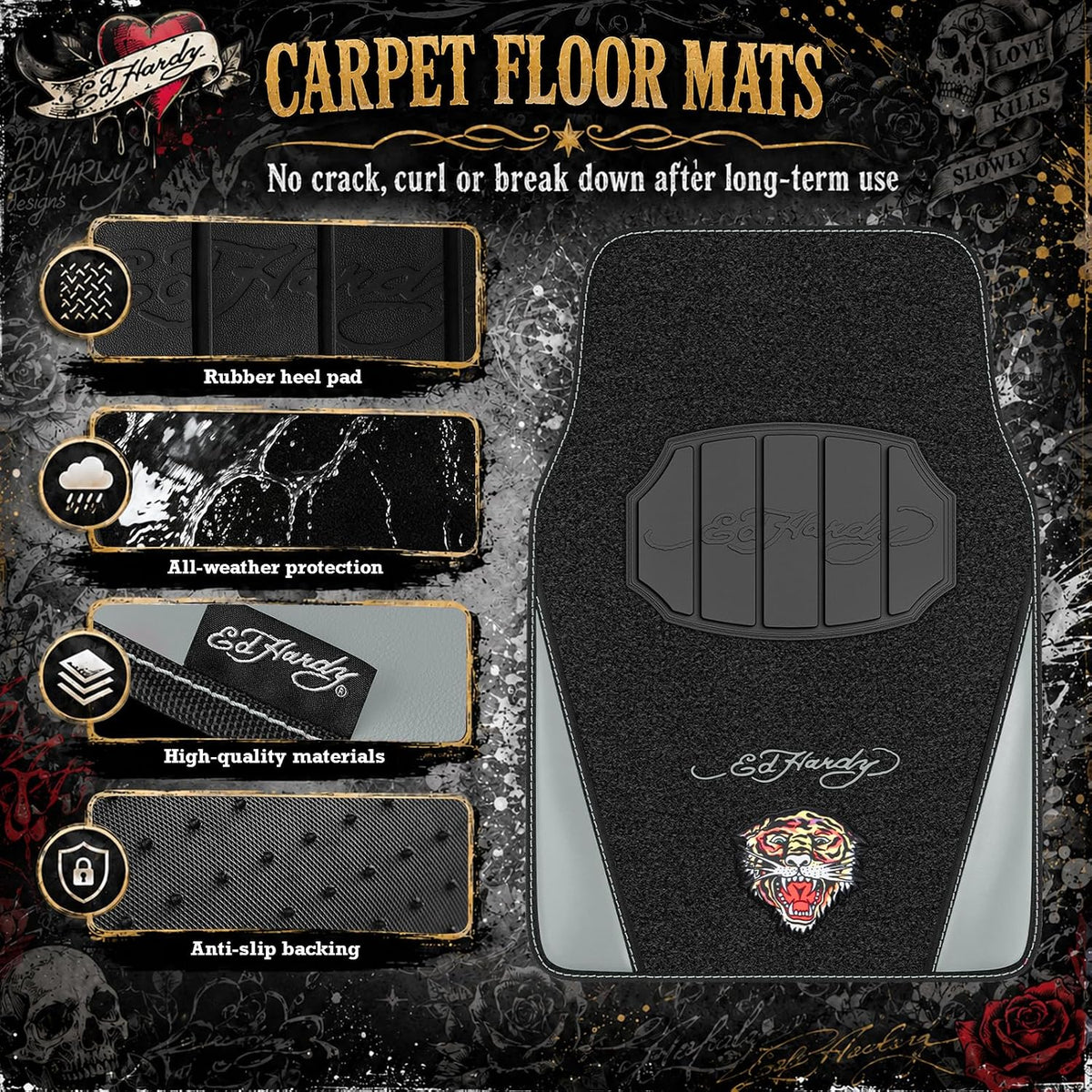 ED HARDY Tiger Print Car Floor Mats, Carpet Floor Mats with Gray Leather Design, Automotive Car Mats with Built-in Heel Pad & Anti-Slip Backing, Fits Most Cars, SUVs & Trucks, Durable & Odorless
