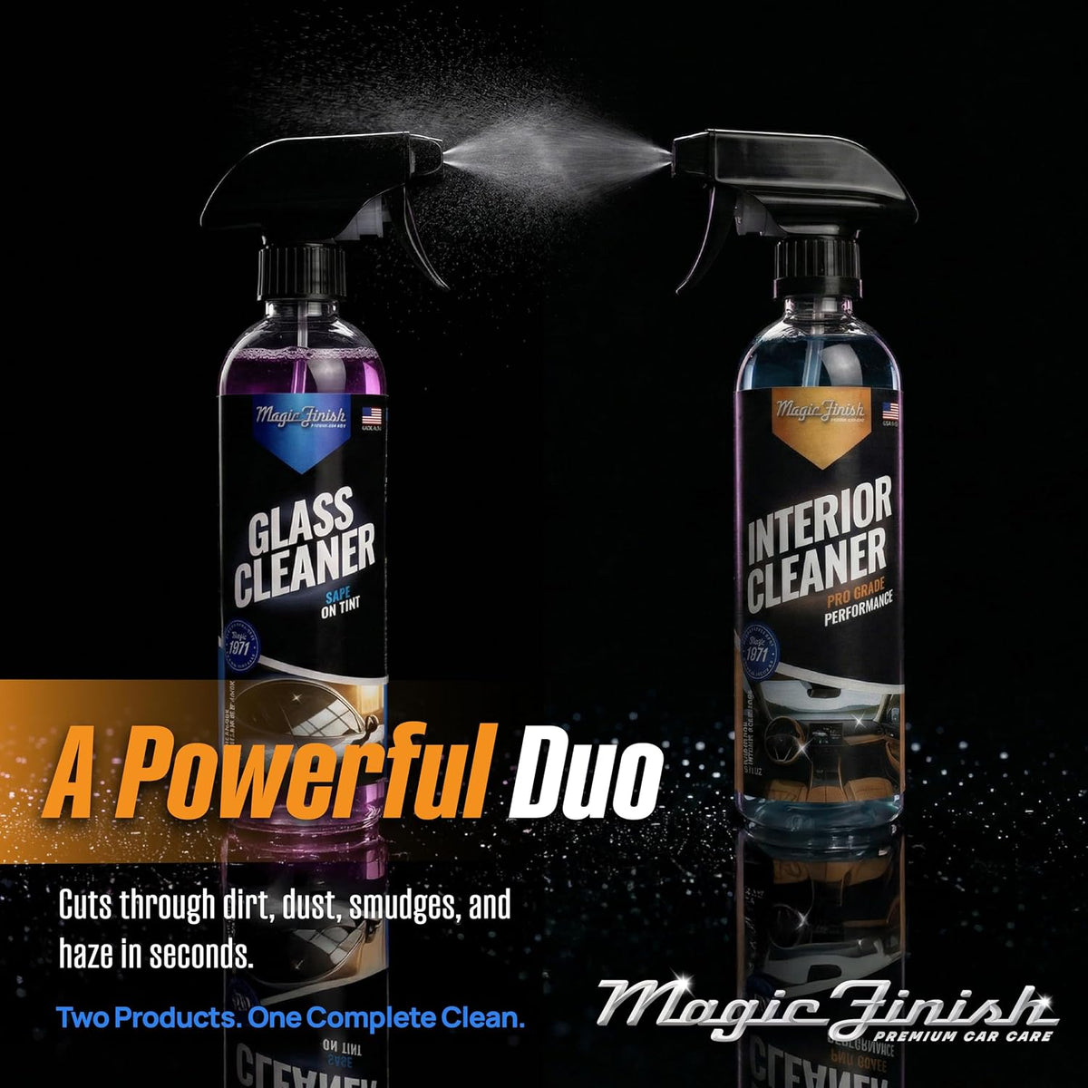 Magic Finish Vehicle Interior &amp; Glass Cleaning Spray Kit (16 fl oz Each) – Streak-Free Glass Cleaner + Car Interior Cleaner Spray – Tint Safe, Anti-Fog, Non-Greasy Finish, Complete Car Detailing Kit