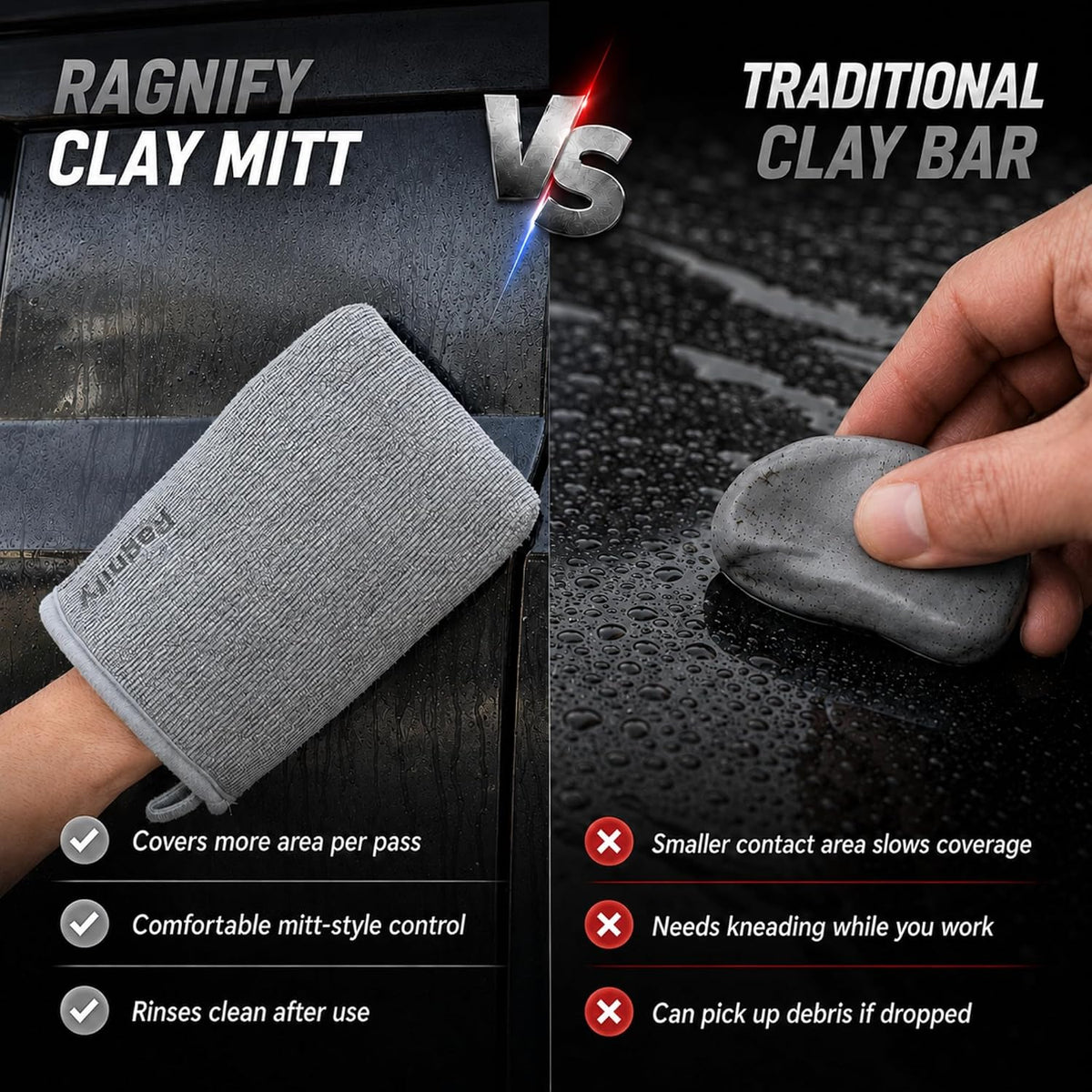 Ragnify Pack of 2 Clay Mitt Auto Detailing Medium Grade Clay Bar Alternative Mitt for Flawless Removal of Surface Bonded Micro Contaminant (Gray)