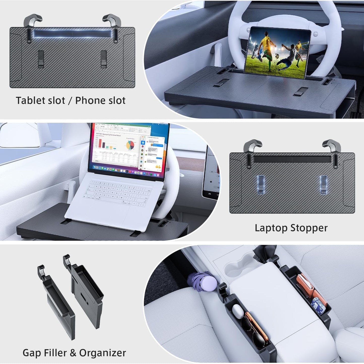 3 in 1 Car Steering Wheel Desk Tray &amp; Car Seat Gap Filler &amp; Organizer, Foldable Carbon Fiber Look Adjustable Car Tray, for Laptops, Eating Food, Writing, Entertainment