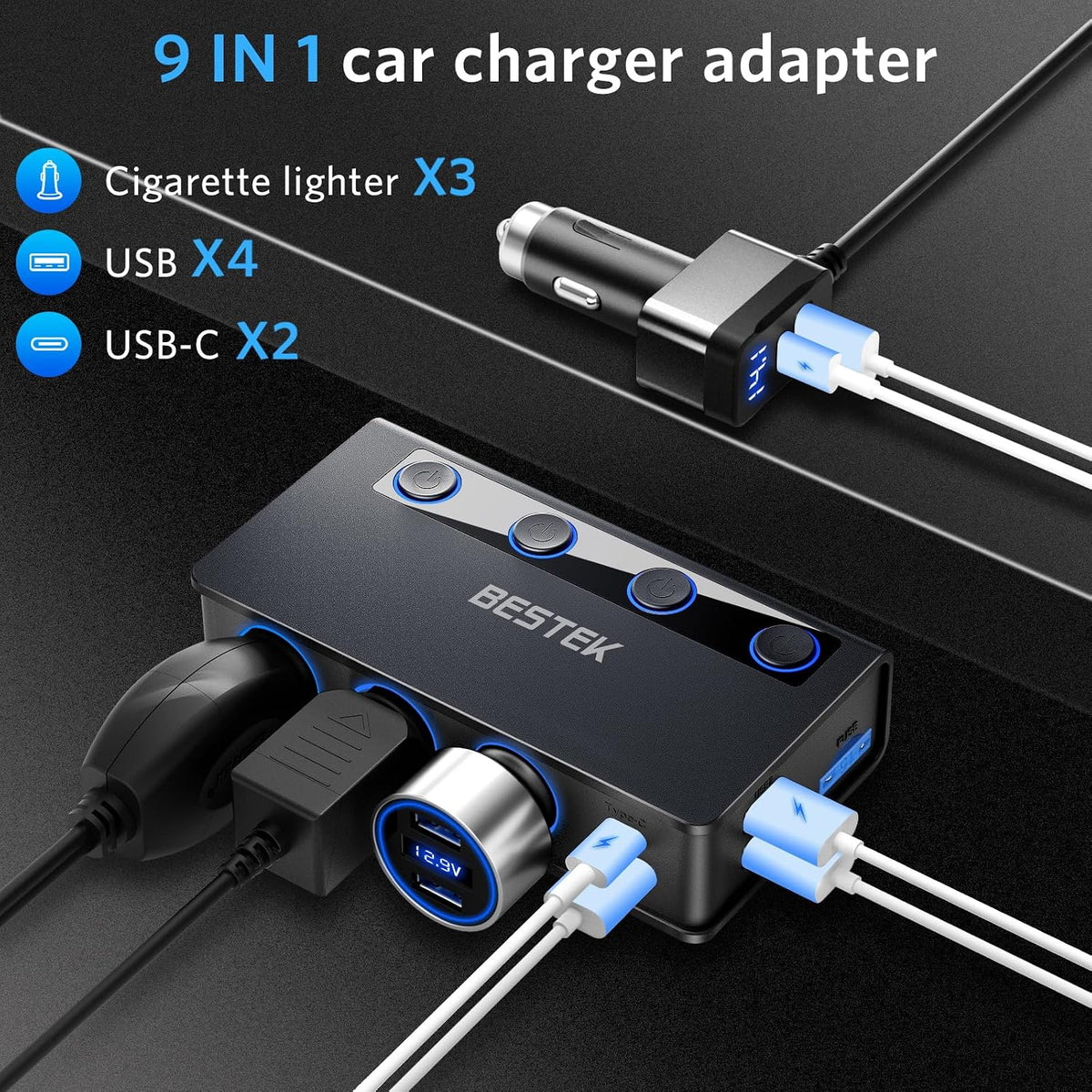BESTEK 180W 3-Socket Cigarette Lighter Splitter with PD65W/QC3.0