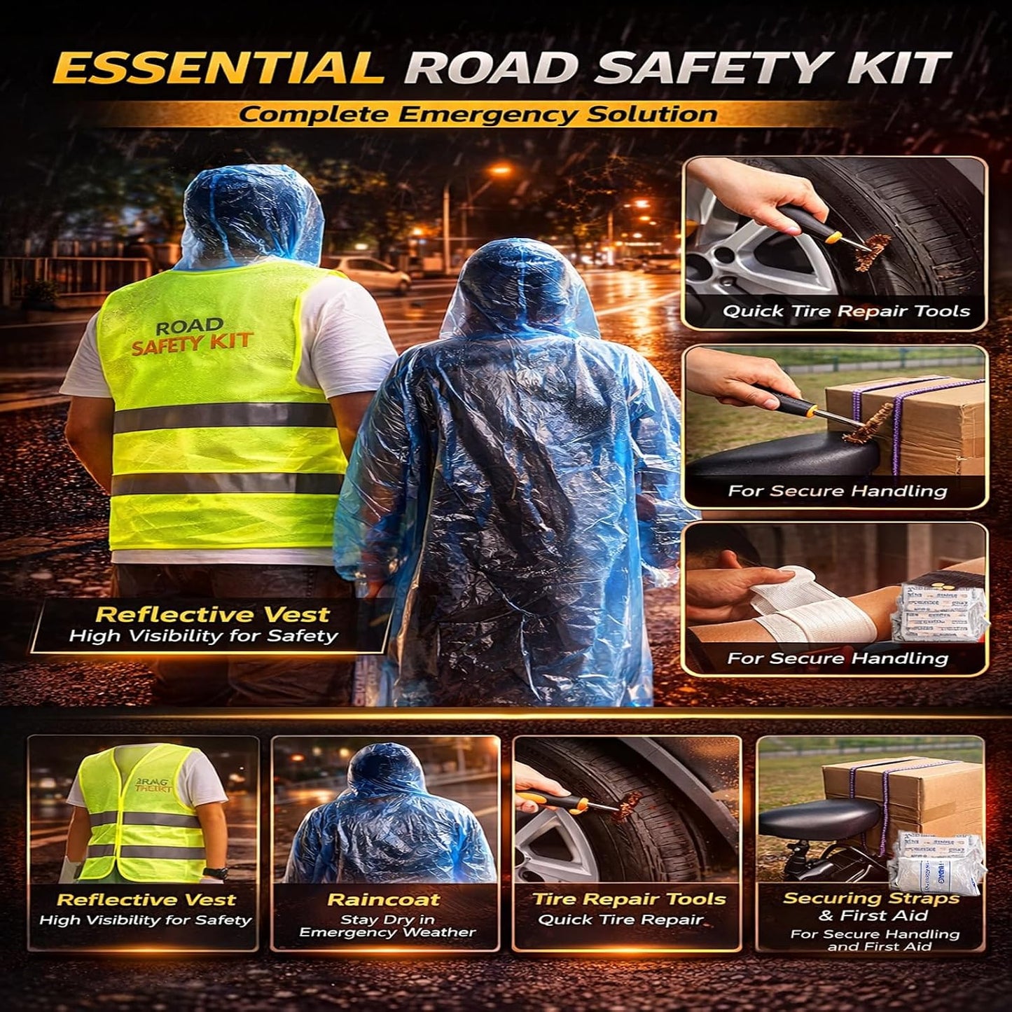 Car Roadside Emergency Kit, with Jumper Cables Automotive Kit,Car Safety Roadside Assistance Kit Headlamp,Tow Straps, Safety Hammers, Rainwear, Gloves.Black