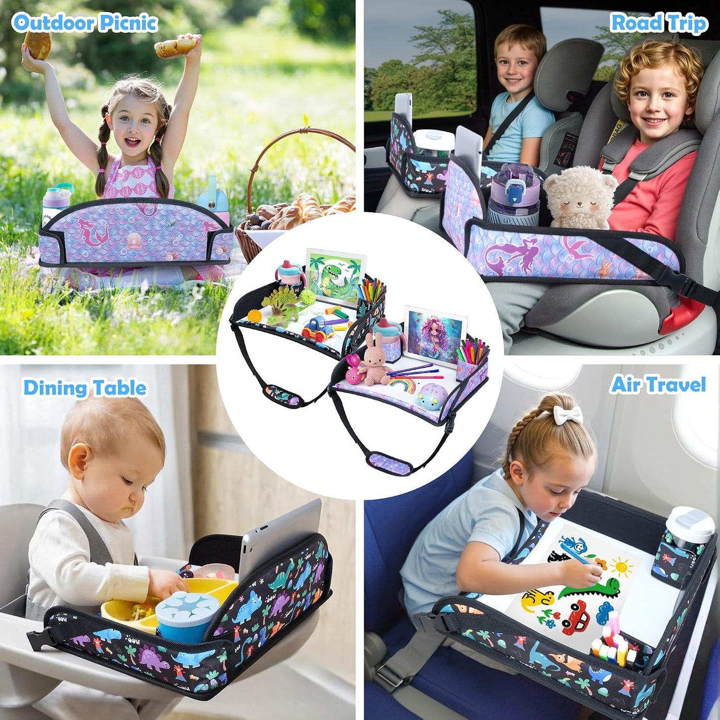 2Pcs Kids Travel Tray for Toddler Carseat, Road Trip Activities Essentials for Toddler, Kids Lap Desk Tray with Tablet Holder Stand ＆ Dry Erase Board (Dinosaur & Mermaid)