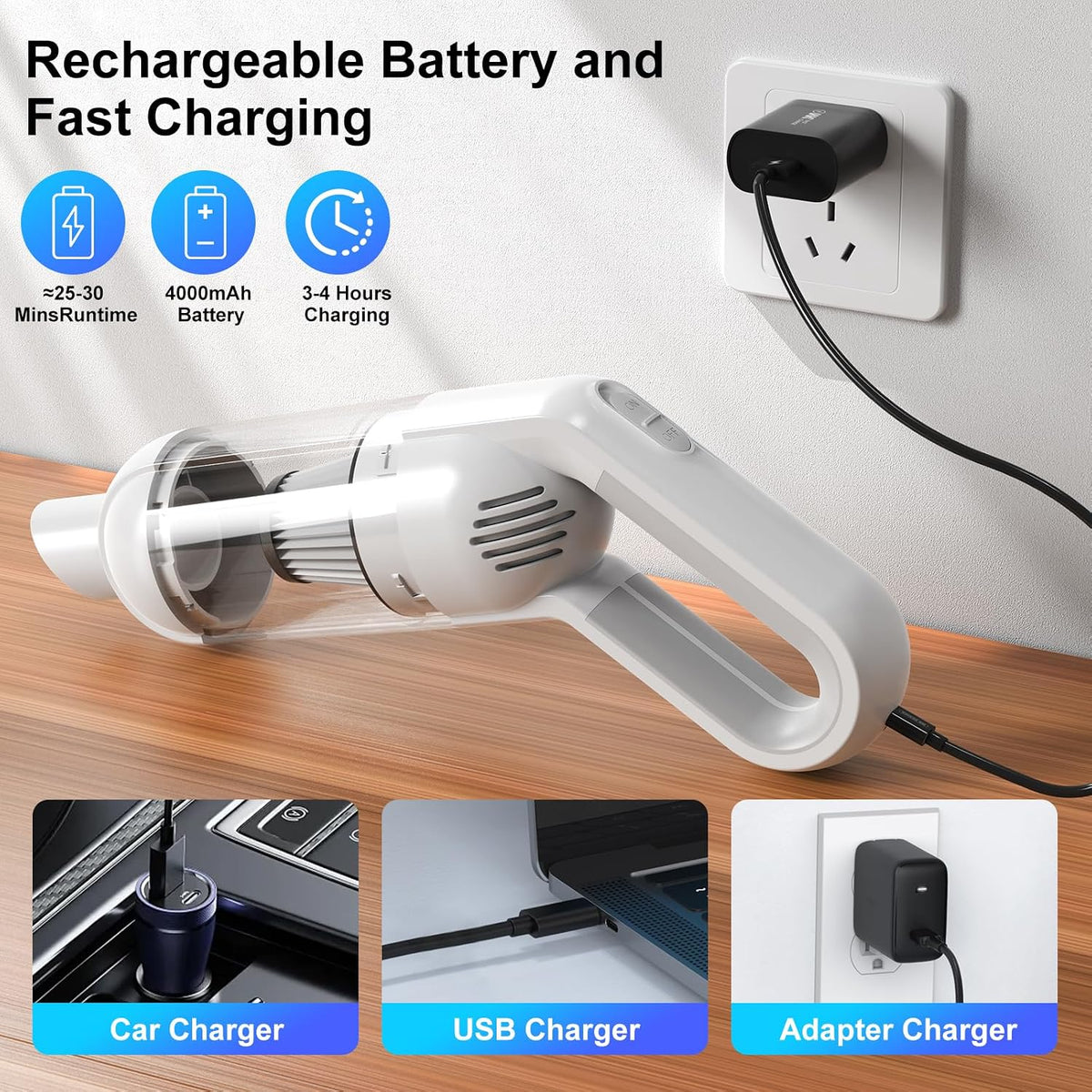 2-in-1 Cordless Handheld Vacuum, 10000Pa, LED Light for Car & Home