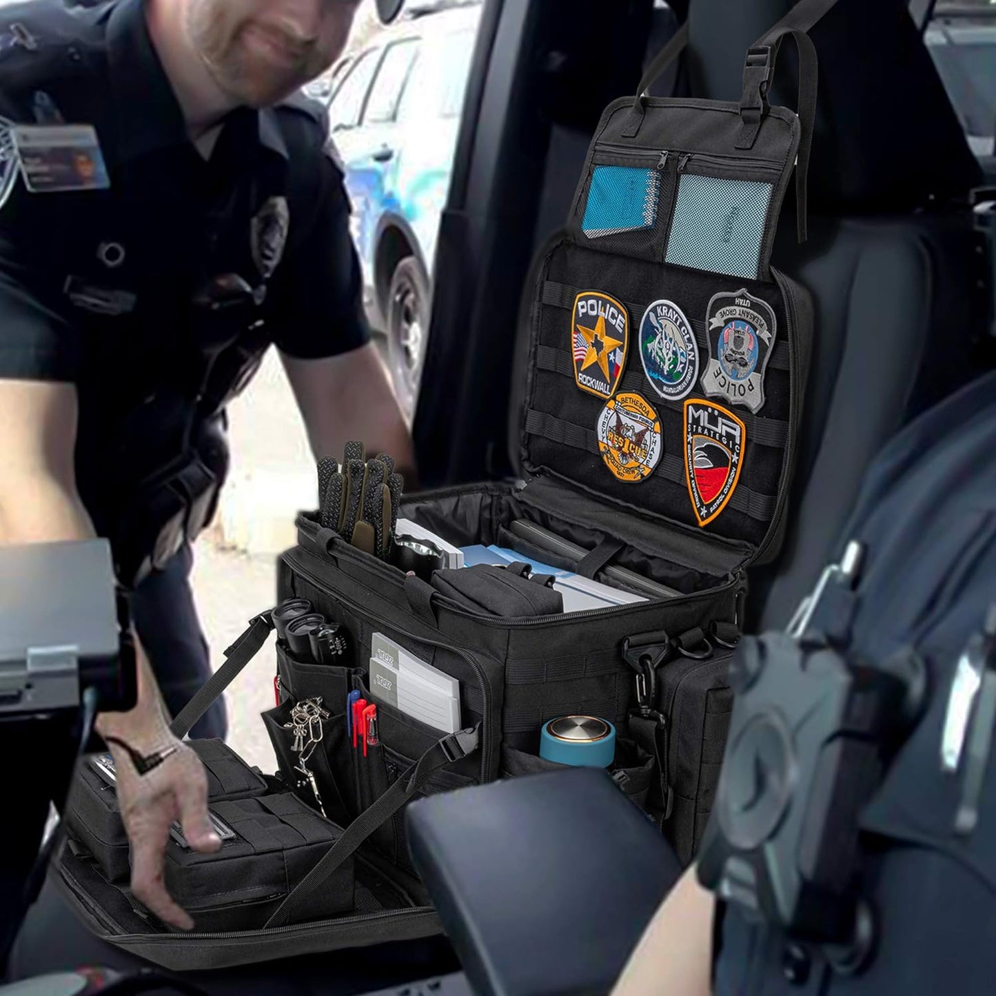 Trunab Patrol Bag Police Gear Car Front Seat Organizer for Law Enforcement Military Duty Bag with 15.6” Laptop Sleeve, Cups Holder, MOLLE Strips, Fits Vehicle Passenger Seat