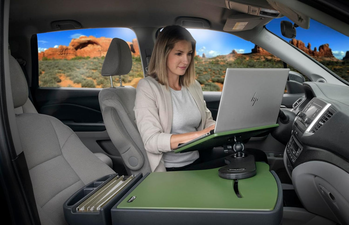 AutoExec Reach Car Desk for Your Vehicle Workstation and Mobile Office, Front Seat Army Green with 400 watt Power Inverter
