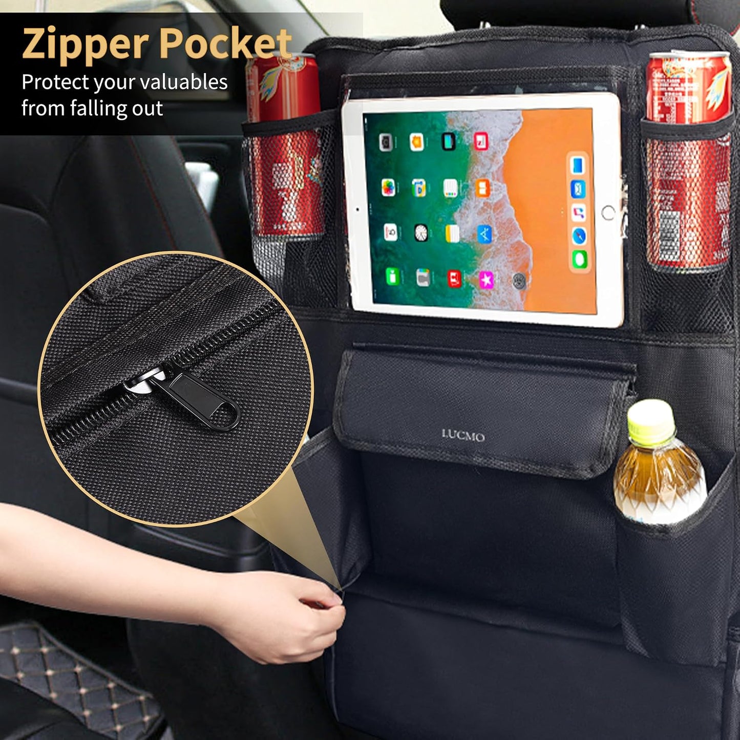 LUCMO Car Backseat Organizer with Touch Screen Tablet Holder, Black | 9 Storage Pockets,Clear Tablet Holder,Protectors Kick Mats,Travel Accessories,Seat Cover,Road Trip Essentials