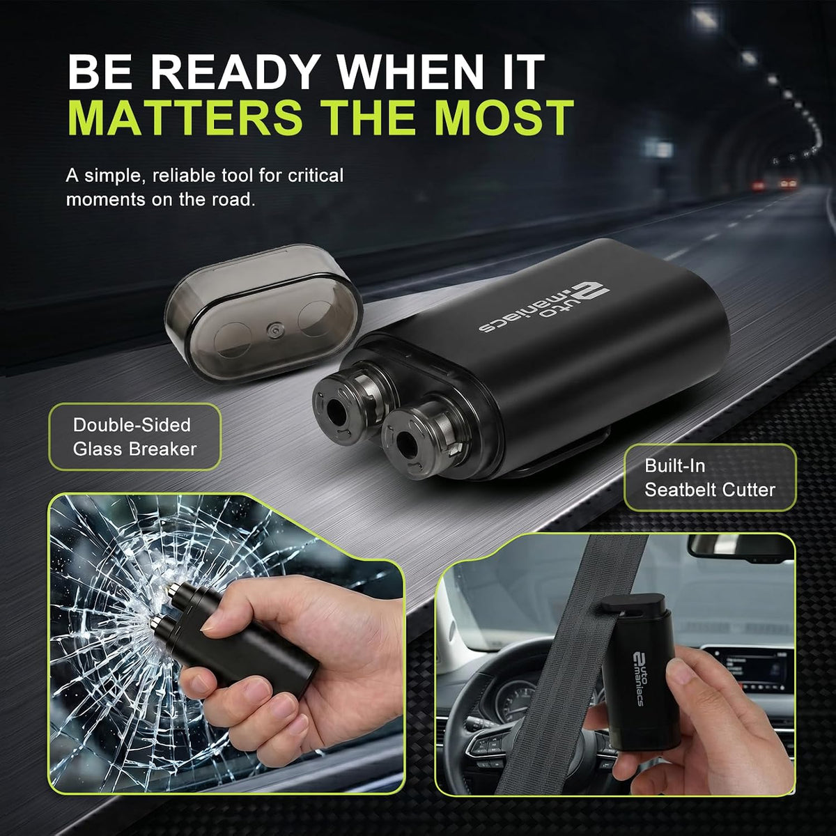 AutoManiacs 2-in-1 Window Breaker & Seatbelt Cutter, Dual Hammer Car Emergency Escape Tool with Magnetic Base, Effortless Glass Breaker Safety Hammer, Matte Metal Design