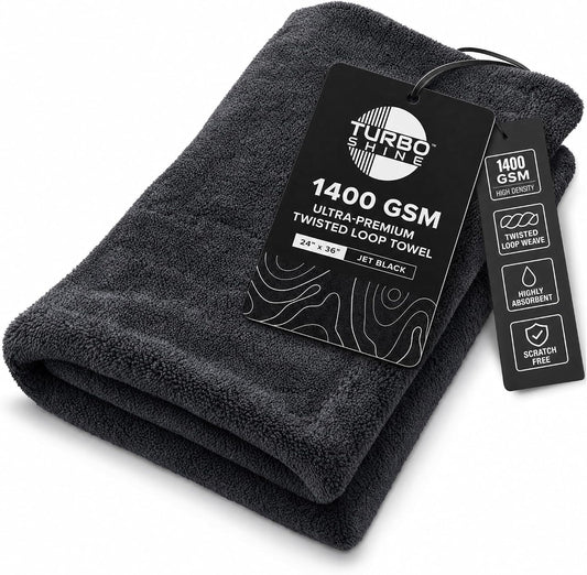 1400 GSM Microfiber Car Drying Towel, Twisted Loop, Streak-Free, Lint-Free, 24x36 Inch Ultra Premium Car Wash Towel (1, Jet Black, 24" x 36")