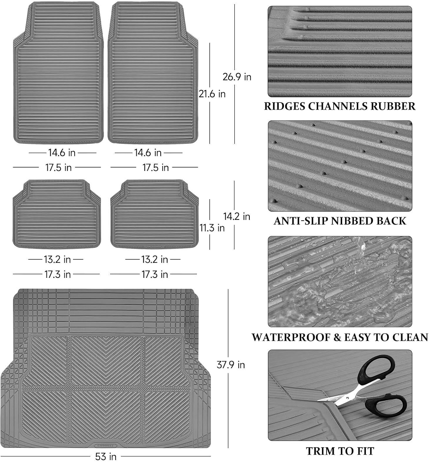CAR PASS Gray Rubber Car Floor Mats & Cargo Liners, All Weather Car Mats & Trunk Mats,Waterproof Automotive Floor Mats Trim to Fit for Most Cars Sedans SUVs Vans, Durable Heavy Duty Anti-Slip, Gray