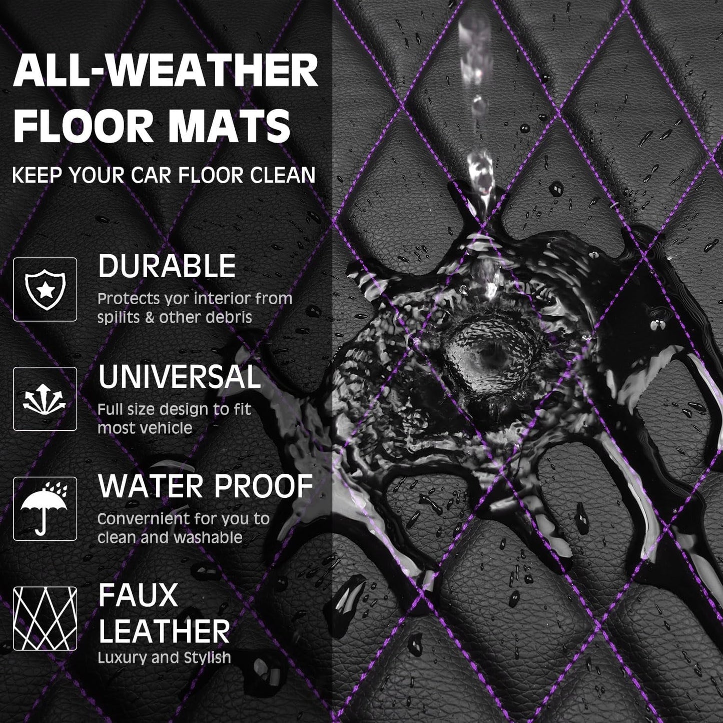 CAR PASS Faux Leather Floor Mats for Cars, Luxury Waterproof All Weather Car Mats Full Set, Anti-Slip Deluxe Automotive Mats Universal Fit for Most SUV Vans Sedans Trucks, 4 Piece Black and Purple