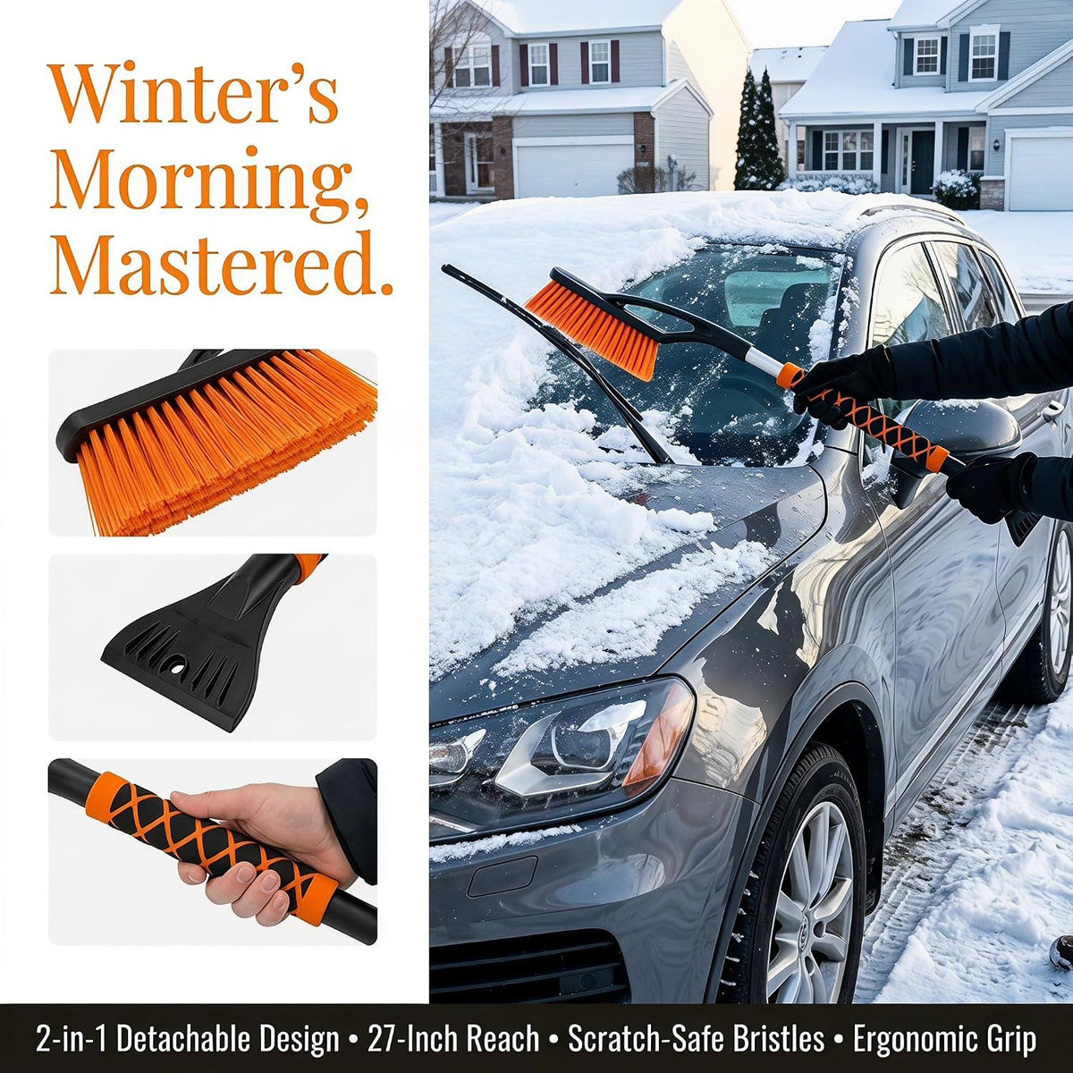 A 27-inch Car Snow Removal Brush and ice Scraper Featuring a Two-in-one Detachable Design and an Ergonomic Foam Handle is Suitable for Sedan Truck and SUV Models