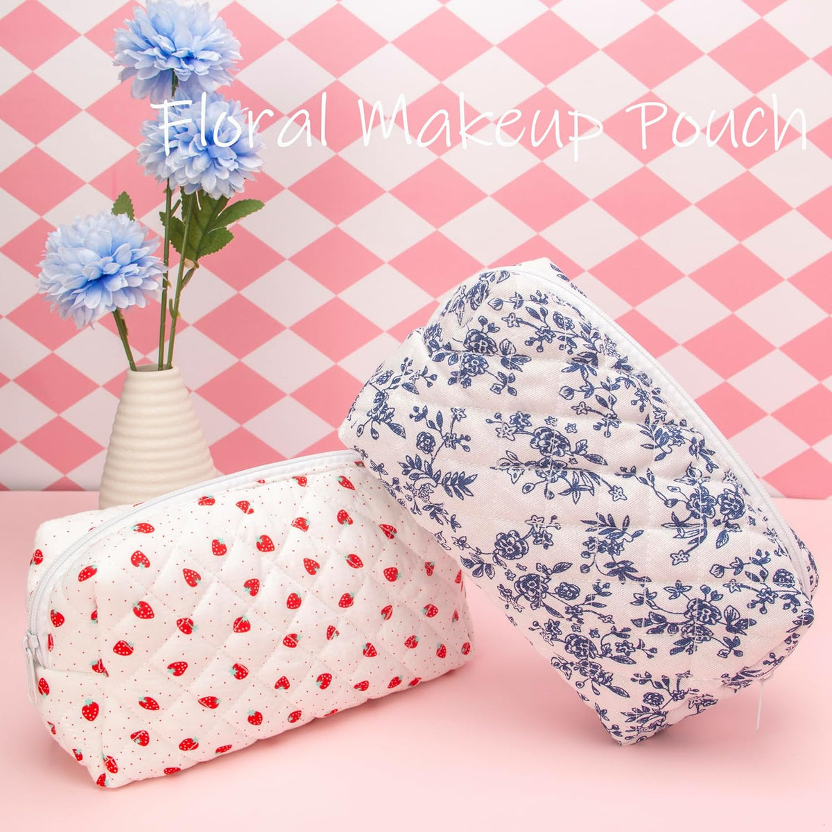 PAZIMIIK Small Quilted Makeup Bag,Zipper Cosmetic Pouch,Jouy Blue,2 Pack