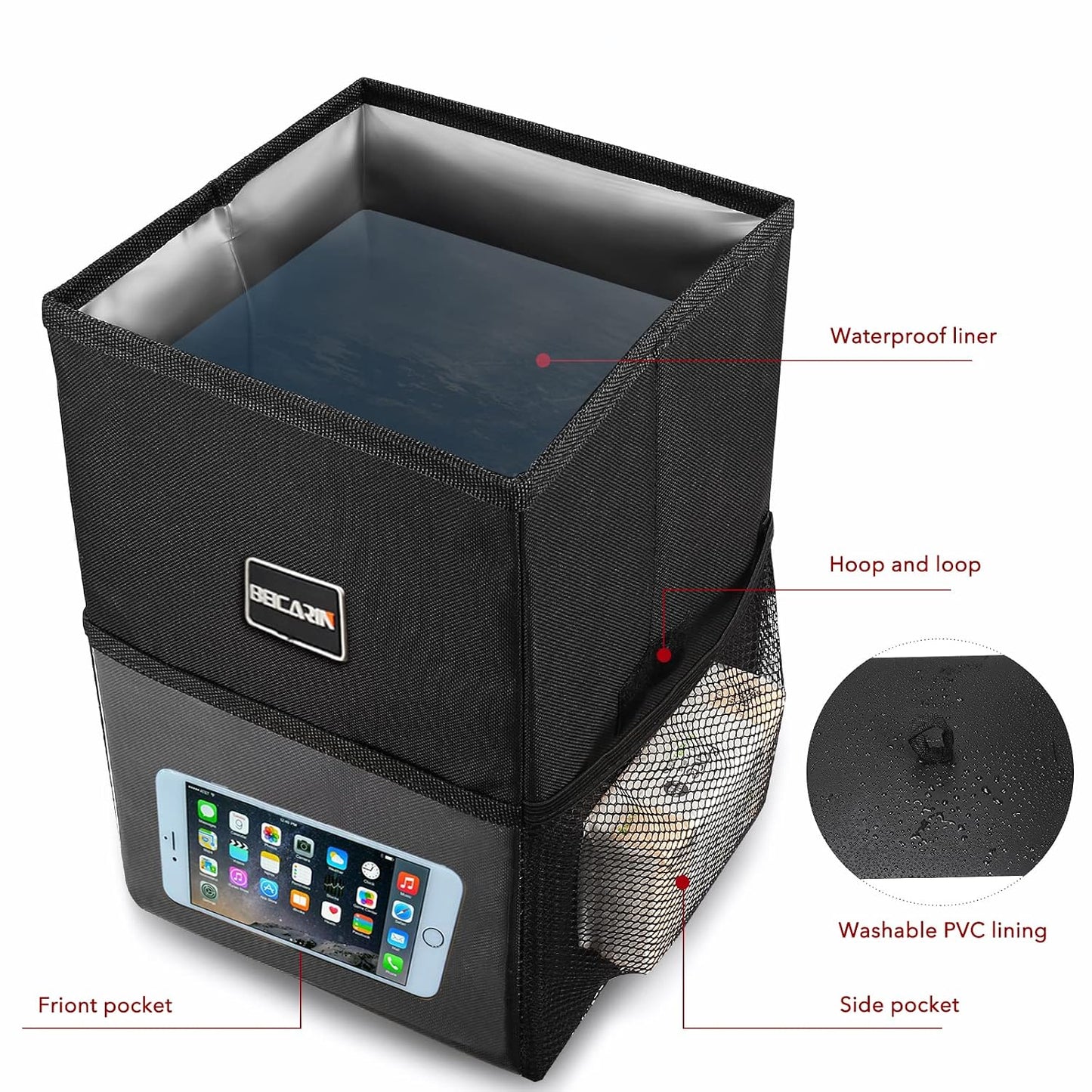 Car Trash Can with Lid - Trash Bag Hanging with Storage Pockets Leak-Proof SUV Organizer Collapsible and Portable Waterproof Truck Garbage Bin, 2.6 Gal Large Capacity Multipurpose Trash Bin for Van