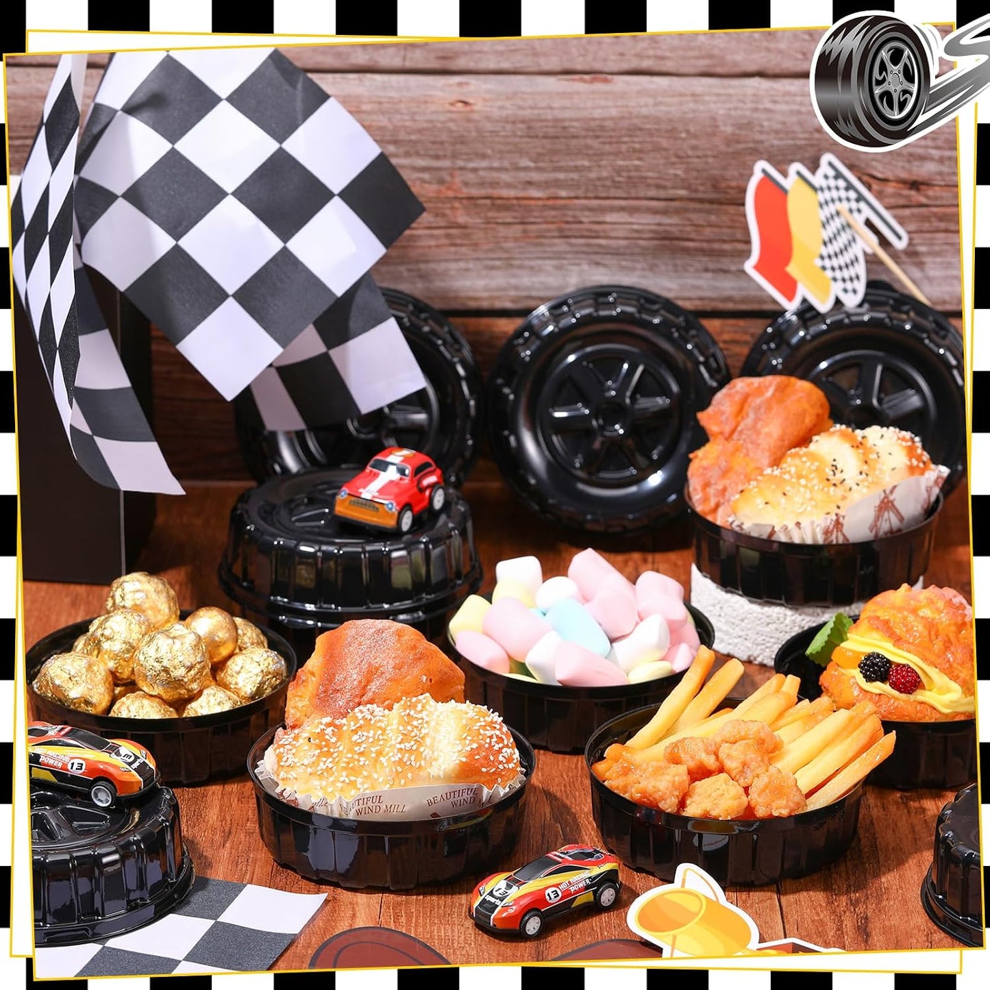 Uiifan 24 Pcs Truck Wheels Plastic Food Containers with Lids Race Car Wheels Disposable Candy Boxes for Truck Themed Birthday Party Supplies Baby Shower Race Car Party Decorations