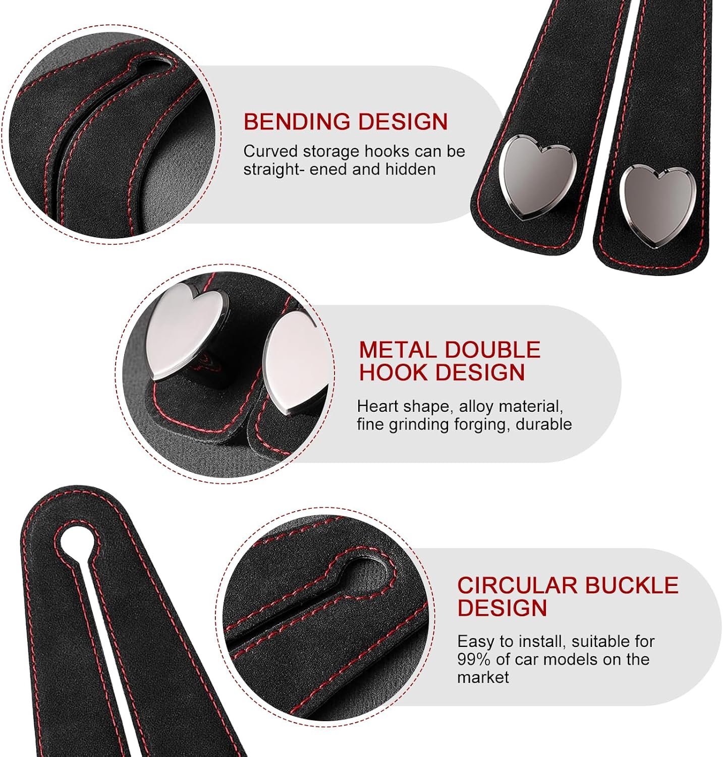 Car Hooks for Headrest, Luxurious Leather & Metal Multifunctional Anti-Slip Vehicle Hooks - Holds Bags, Umbrella, Wallet, Glasses | Universal Car Interior Storage Organizer (Black)