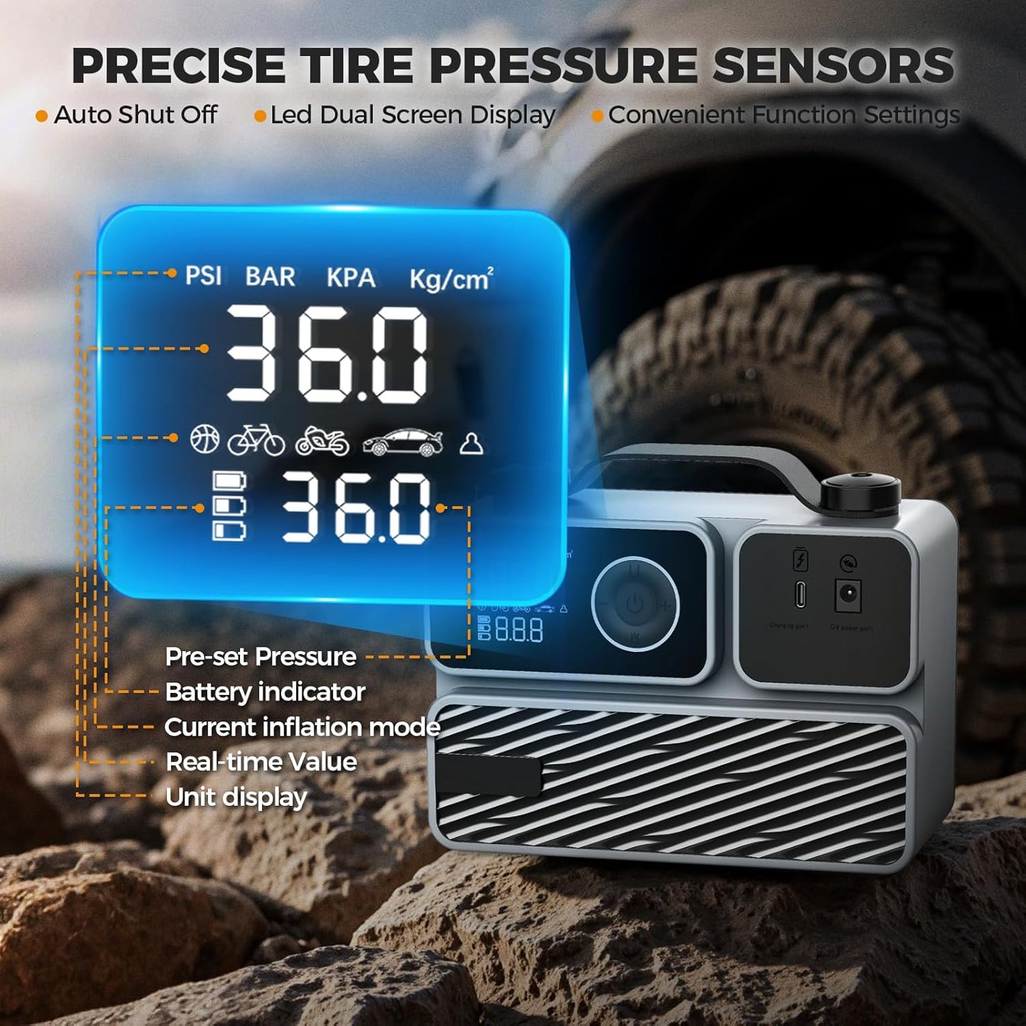 Tire Inflator Portable Air Compressor, Air Pump for Car Tires 150PSI Cordless Rechargeable Battery and 12V DC, Electric Bike Pump with Pressure Gauge, Auto Shutoff, for Ball, Motorcycle