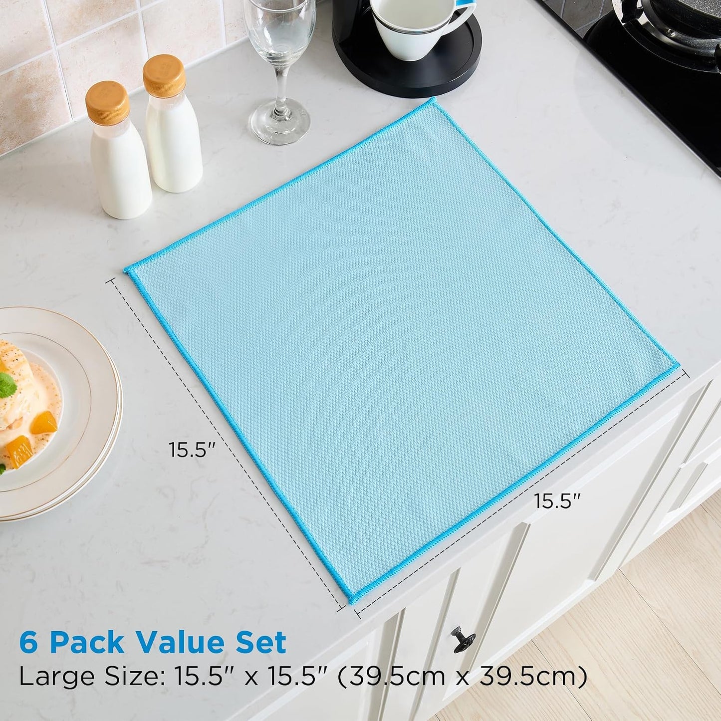Microfiber Glass Cleaning Cloth, White Purple Blue, 6 Pack | 15.5x15.5 Inches Lint Free Streak Free Stainless Steel Cloth For Window Screen Car