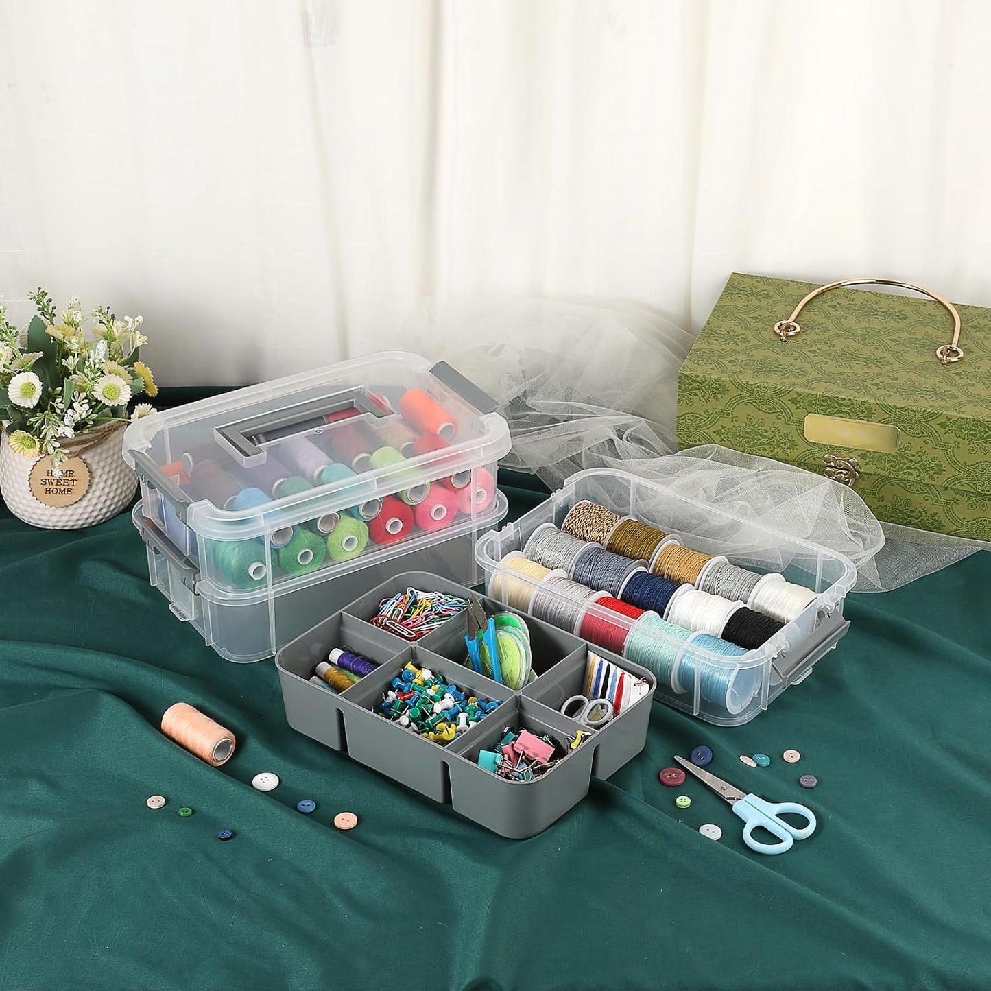 JUXYES 3-Tiers Plastic Stack Carry Storage Containers Box wih Handle Lids | 2 Pack Clear Stackable Craft Storage Bin for School &amp; Office Supplies, Organizing Stationery, Sewing, Art Craft, DIY Supplies