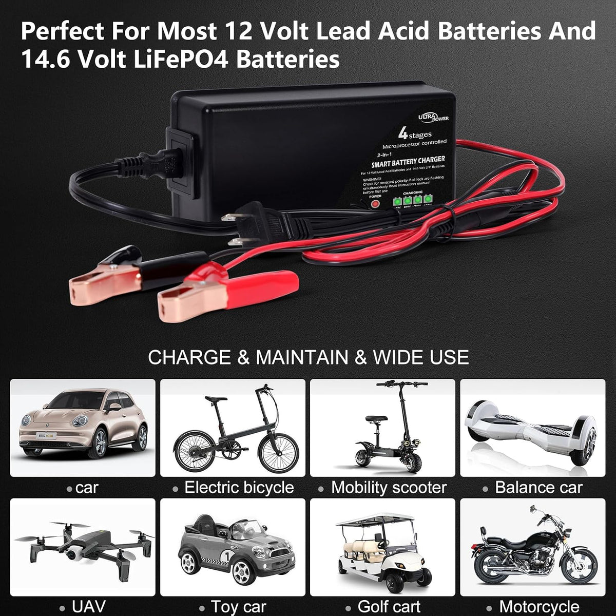 ULTRAPOWER 14.6V 10A LiFePO4 Battery Charger,Smart Battery Charger for 12V LFP Batteries and Lead Acid Battery,4LEDs Indicator,Fast Charging,High Efficiency for Deep Cycle Batteries.