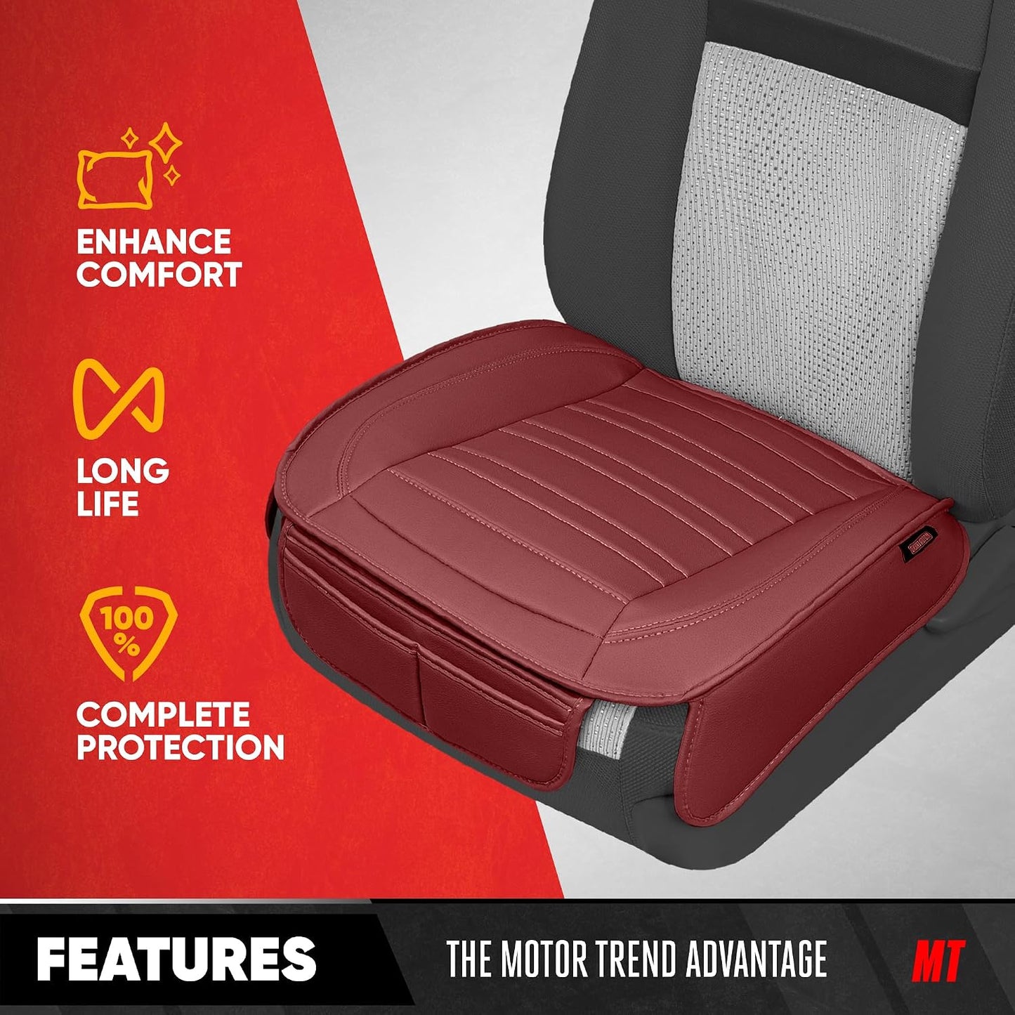 Motor Trend Faux Leather Front Seat Cover for Cars - Set of 2 Burgundy Front Car Seat Covers for SUV & Truck with Storage Pockets - Automotive Car Seats Cover Protector - Bottom Cushion Coverage Only