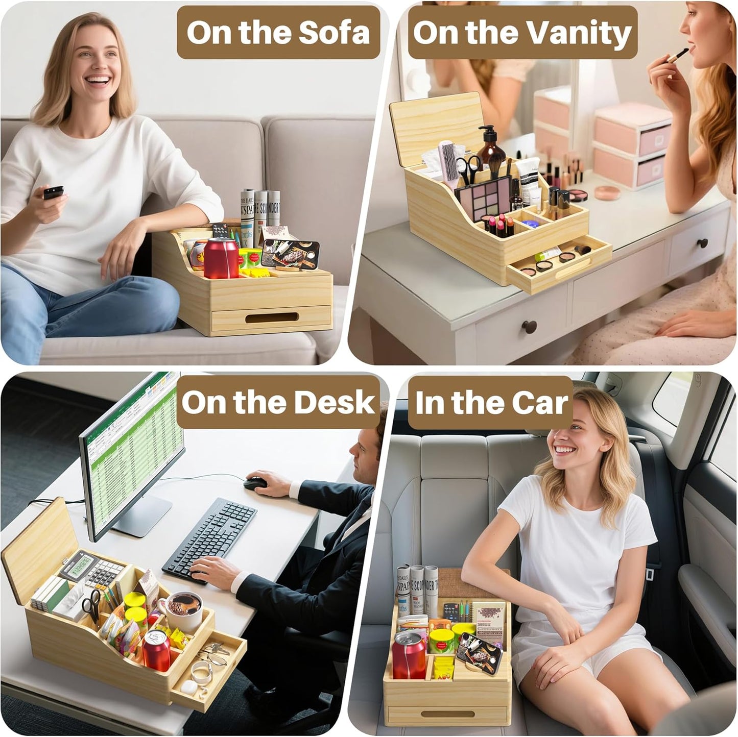 Couch Caddy with Cup Holders, Sofa Table with Flip Top Push-Pull Drawer | Multi-Use Sturdy Pine Wood Hold Hands Couch Cup Holder for Car, Living Room, Bedroom, Vanity