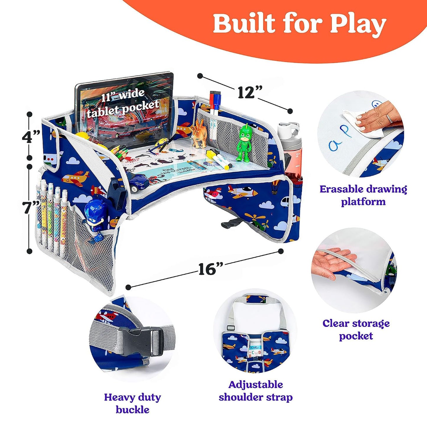 PILLANI Kids Travel Tray for Car - Toddler Airplane Travel Essentials w/ Activity Sheets, Pens & Dry Erase Board - Kids Travel - Must Have Toddler Lap Desk Organizer for Airplane - Travel Accessories
