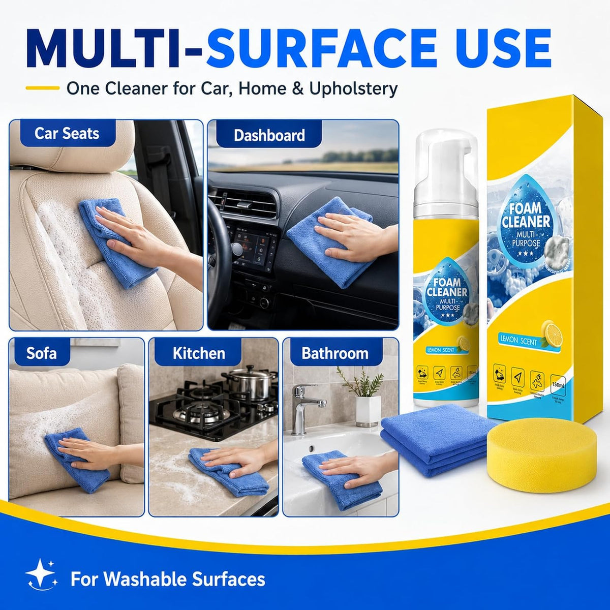 4-in-1 Multi-Enzyme Foam Cleaner 5oz, All Purpose Cleaning Spray and Multi Purpose Foam Cleaner for Kitchen Grease Care, Bathroom Tiles, Car Interior, Sofa Upholstery, Carpet (3PCS)