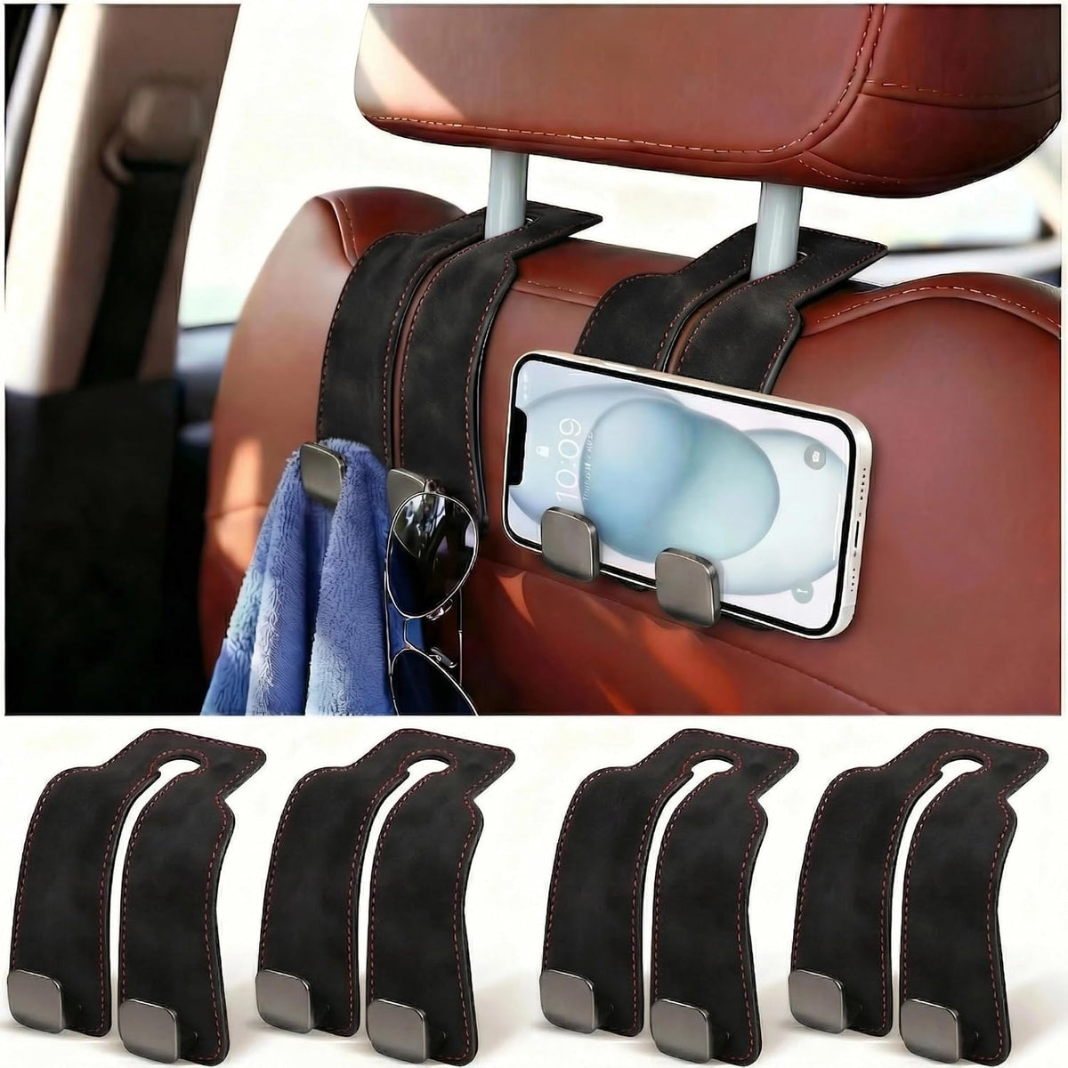 4Pack Headrest Hooks for Car Dual Hook Leather Metal Hanger,Black