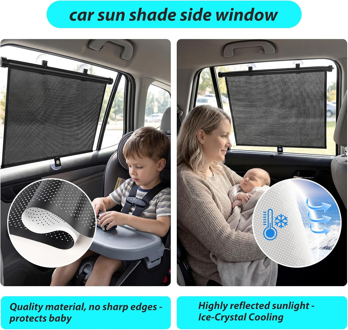 SYOURSELF Sun Shade for Car Window Baby, 2 Pack Retractable Sun Shade for Car Blocks Maximum UV Rays & Ice-Crystal Cooling, Roller Sunshade Visors for Baby, Children, Pets, and Passengers
