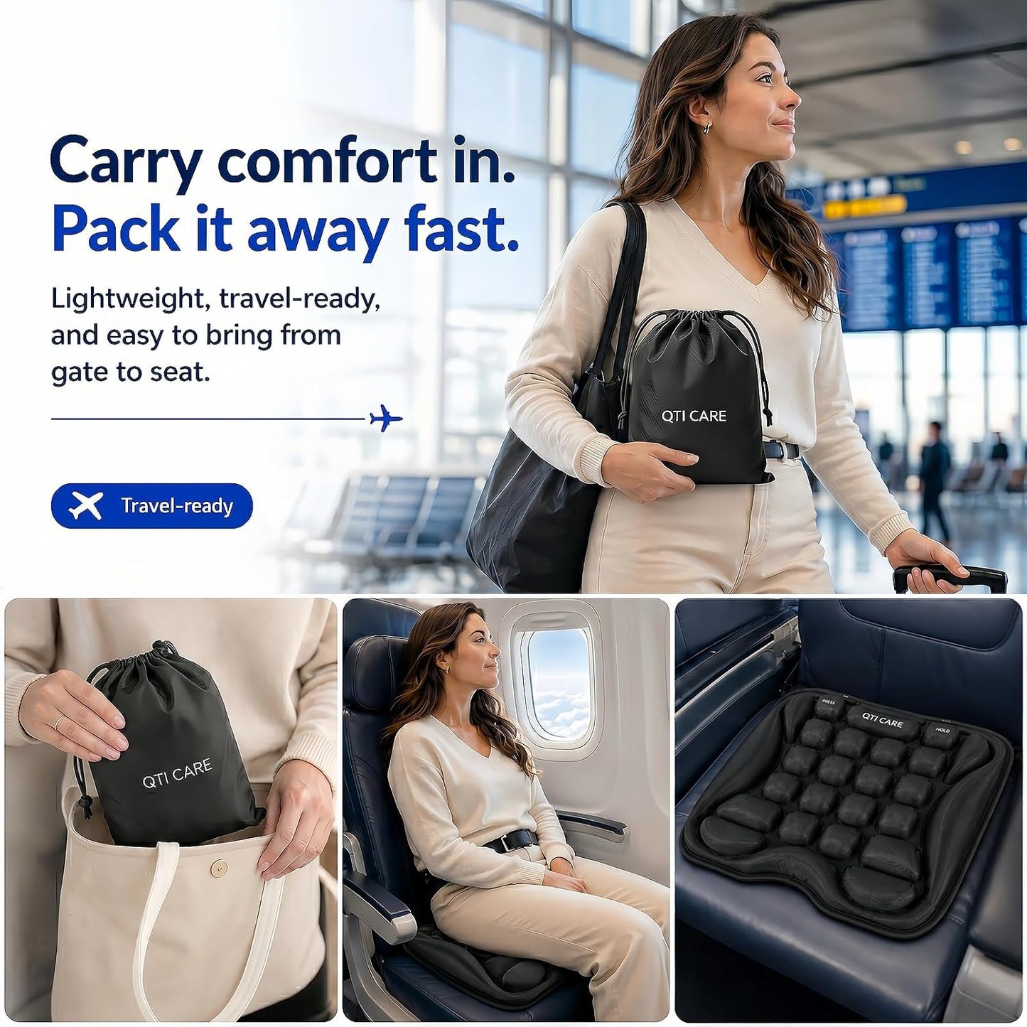 Airplane Seat Cushion, Air-Cell Travel Cushion for Long Flights, Inflatable Portable Seat Pad with Built-in Pump for Air Travel, Car, Office Chair and Wheelchair