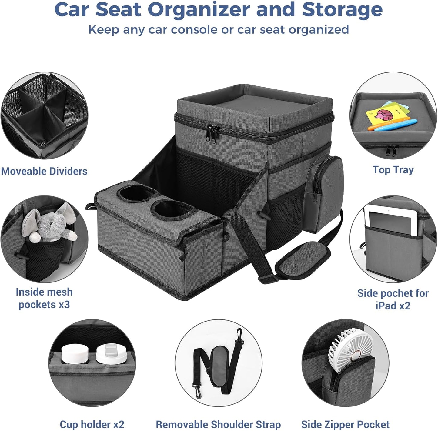 COOLBEBE Car Seat Organizer, Backseat Car Organizer with Cup Holders for Kids and Adults Travel, Cooler Compartment Passenger Seat Organizer Storage Box for Front or Middle Seat, Grey