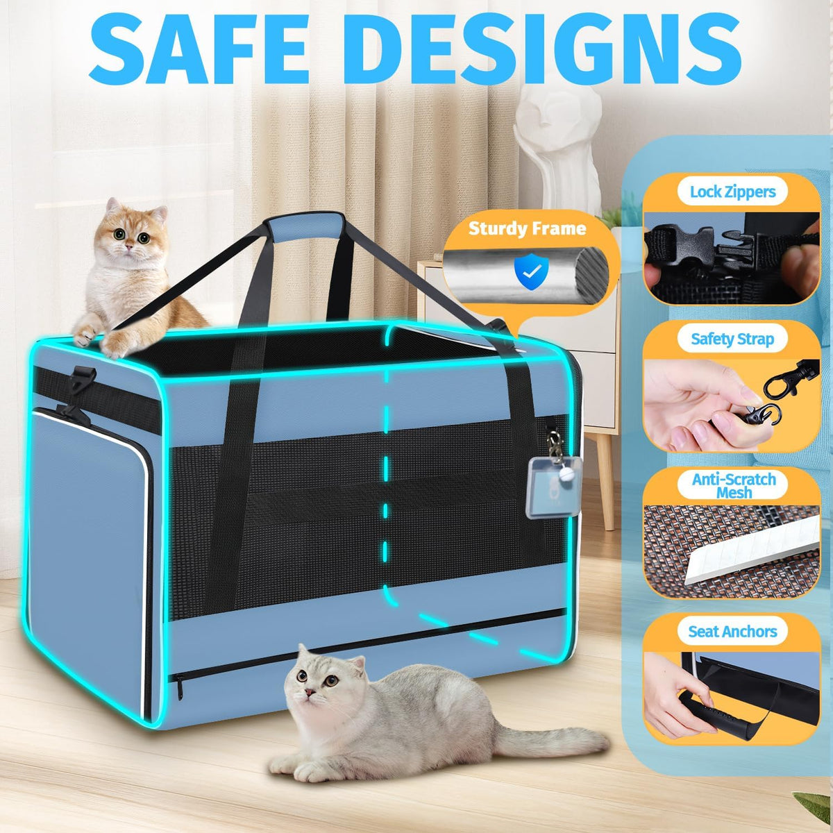 24"x17"x17" Petskd Side Expandable Extra Large Cat Carrier with Litter Box Area for Car Travel, Collapsible Soft Large Pet Carrier or 2 Cats Under 55LBS with Seat Belt Buckles(Blue)