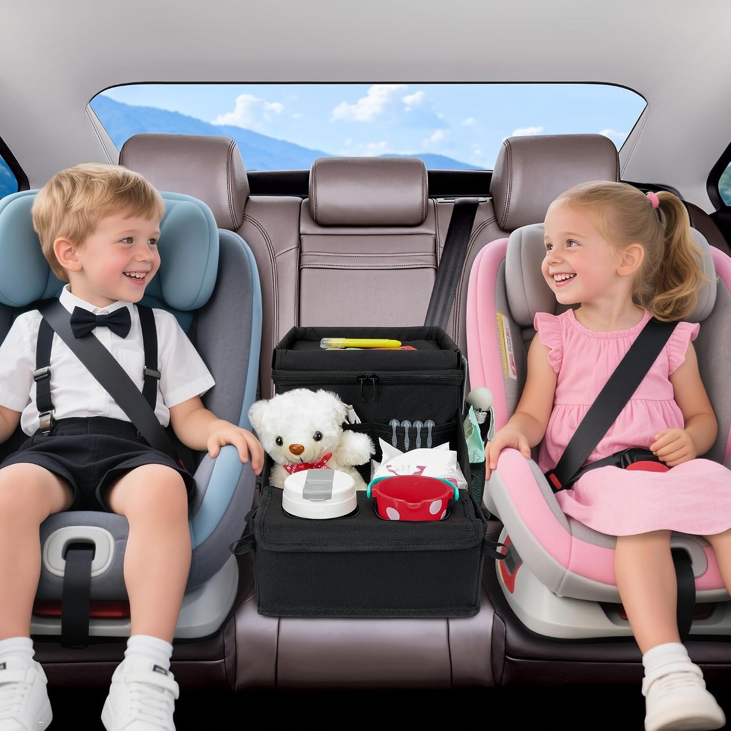 Car organizer for kids ，Backseat Organizer for Kids and Passenger Seat Organizer for Adults ，Car Seat Cooler and Warmer with Cup Holders and Convertible Tray Lid(Black)
