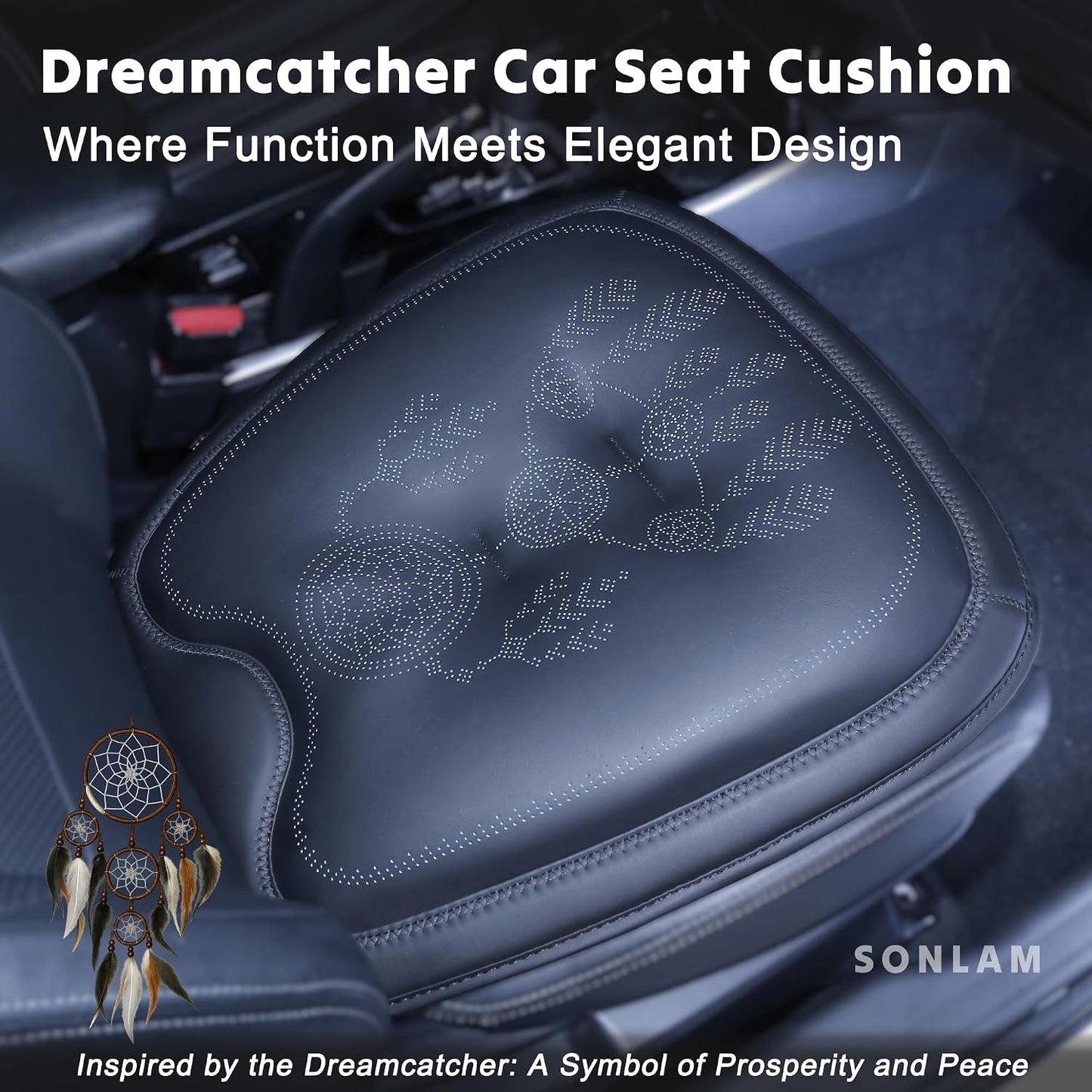 Comfort Dreamcatcher Car Seat Cushion Non-Slip - Relaxing, Optimal Support & Posture for Long Drive (Front Seats (All Black))