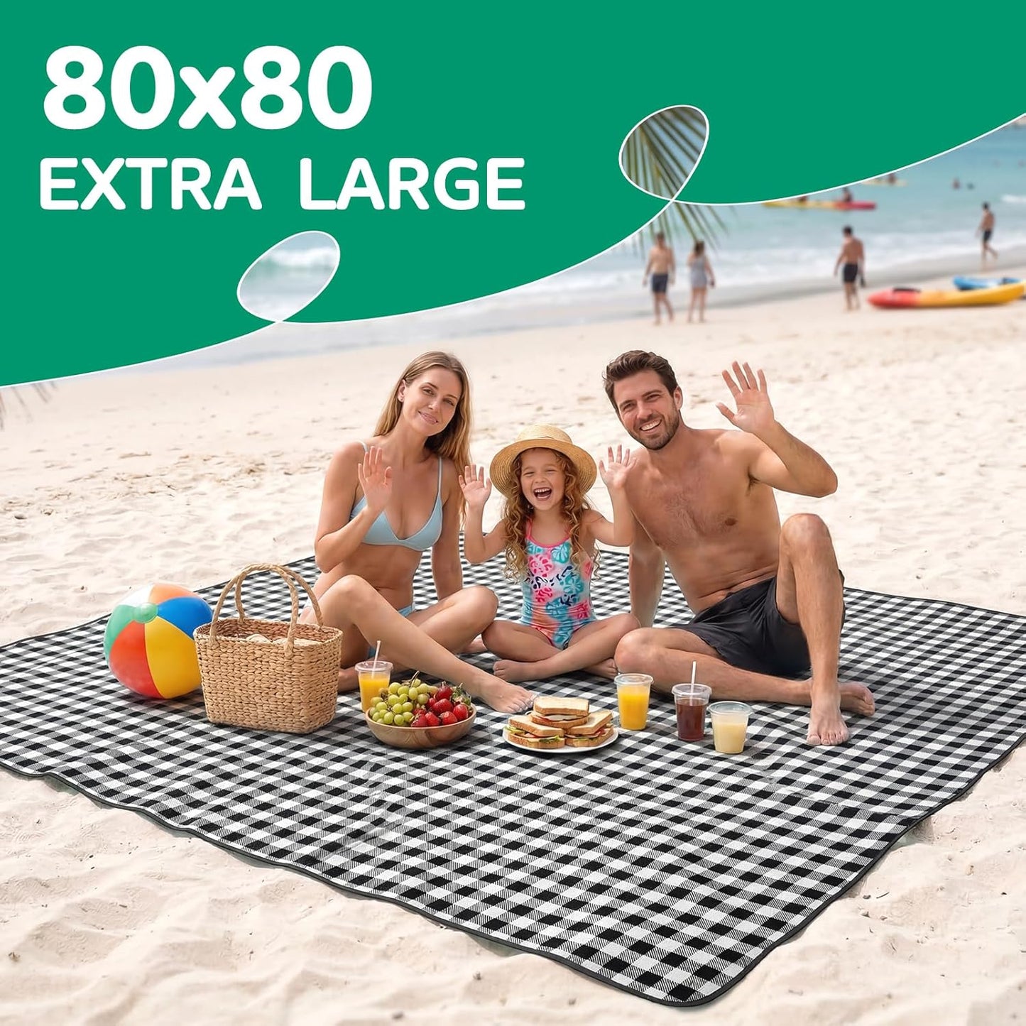 RYCHIC Waterproof Beach Blanket Picnic Camping Mat Rug Extra Large Portable Umbrella Wagon Folding Pop Tent Sun Shelter Shade Canopy Ball Cart Anchor Fan Mesh Rubber Bag Tote Toallas Manta de Playa