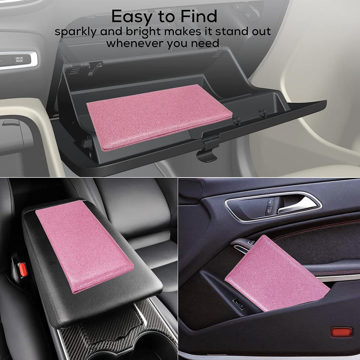 Leather Car Registration and Insurance Holder Magnetic Shut, Glitter Pink