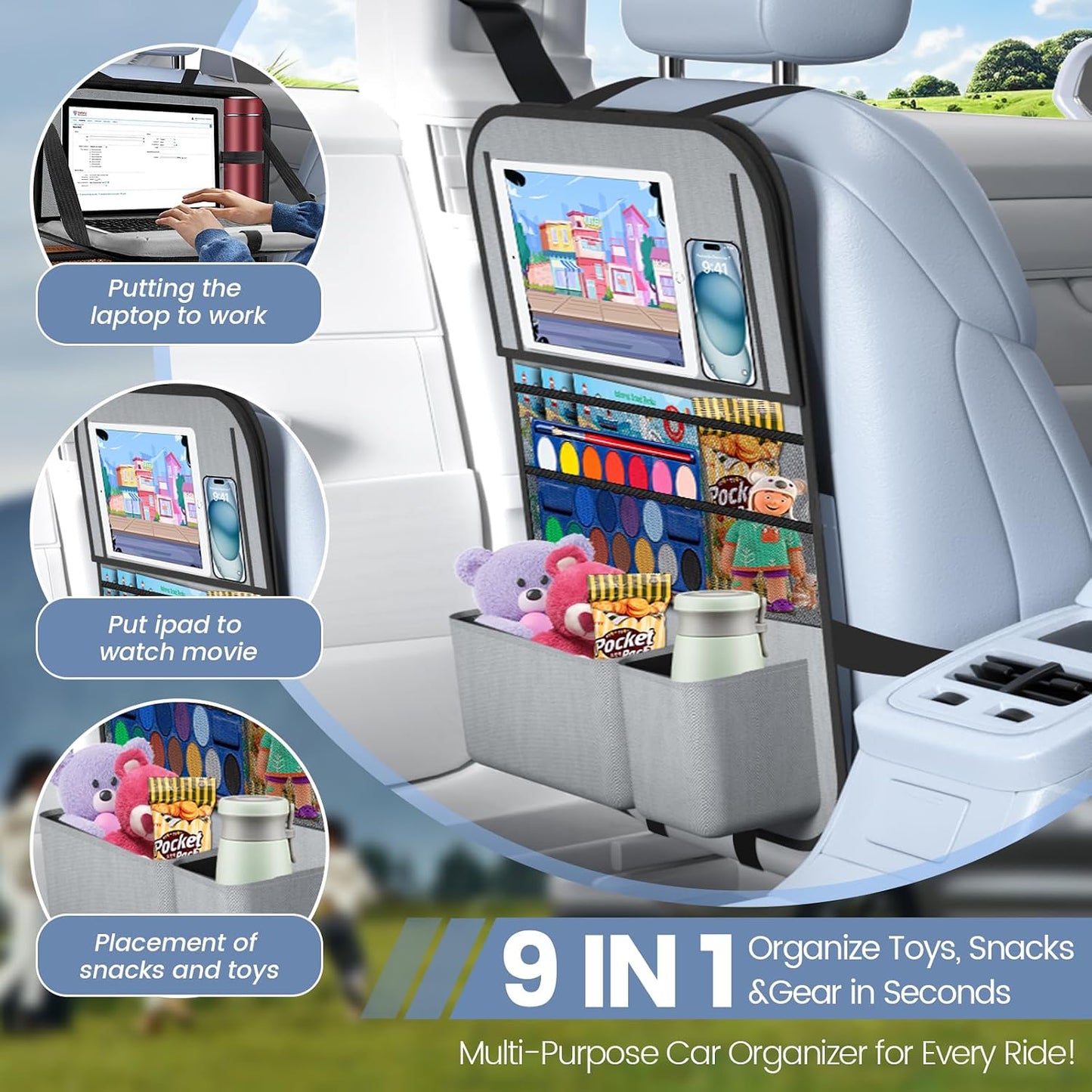 2PACK-Car Backseat Organizer with Touch Screen Tablet Holder,9 Storage Pockets Storage Organizer with Foldable Food Tray, Protector Kick Mats for Kids, Travel Accessories Organizer (Grey)