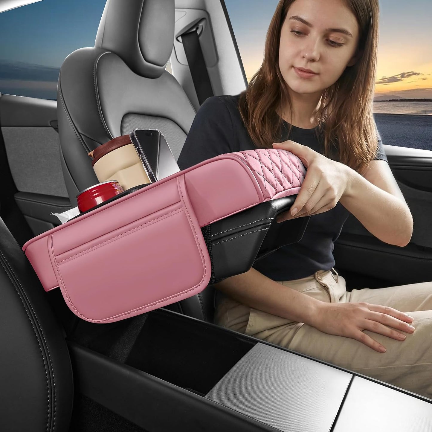 5 in 1 Nappa Leather Console Armrest Cover, Pink | Built-in cup holder, tissue slot, phone holder & 2 storage pockets, practical car accessories fit SUV sedan truck