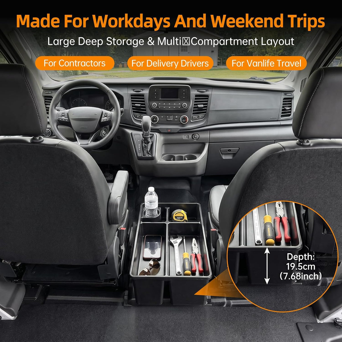 Floor Organizer Compatible with 2021-2026 Ford Transit Center Console Storage Organizer Under Seat Box Bin Cup Holder for Transit Accessories(Not for Transit Connect)