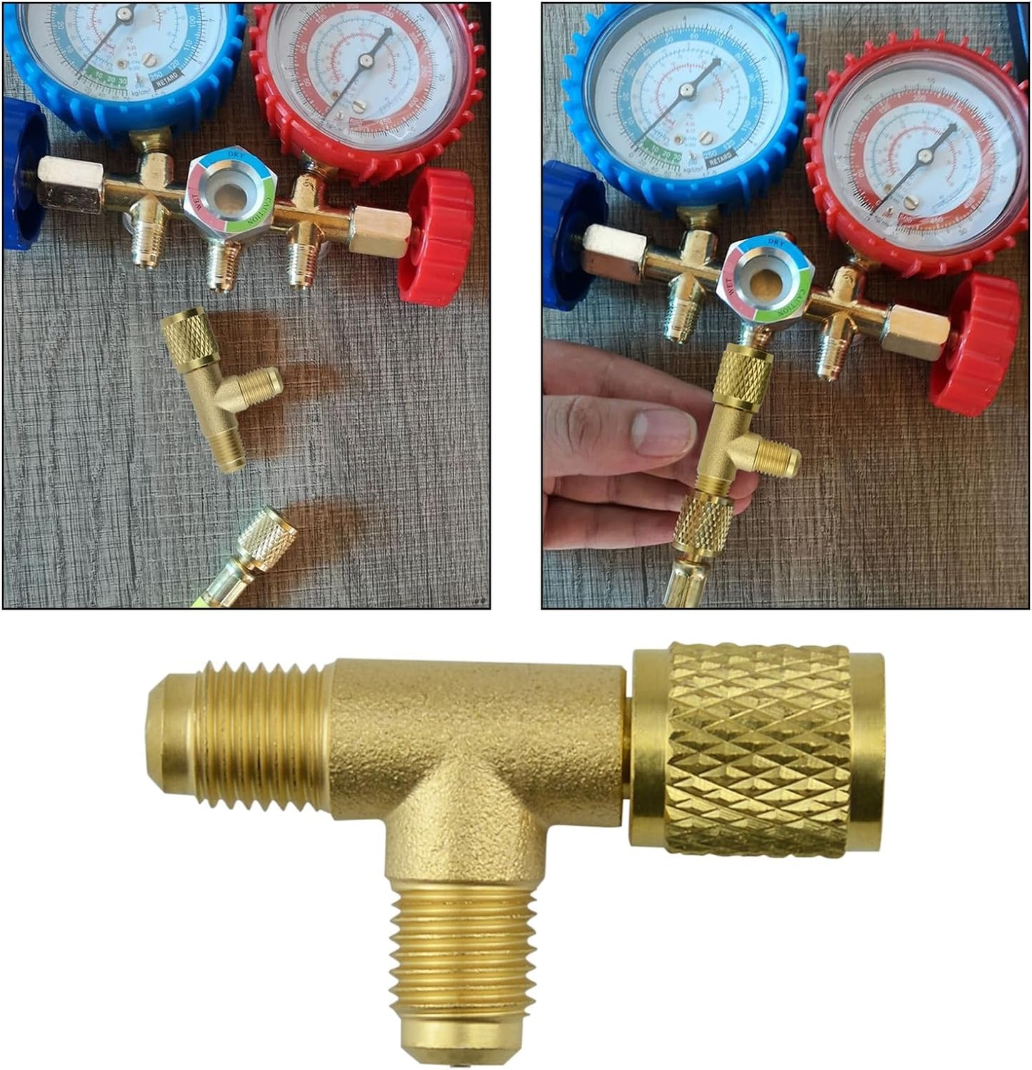 2Pcs Quick Coupler Access Tee, 1/4'' SAE Valves Core Tee Adapter Brass Refrigerant with Swivel Connector, Air Conditioning Line Repair Tools fit for R22 R12 R134 Gauge Deep Vacuum Pump Manifold