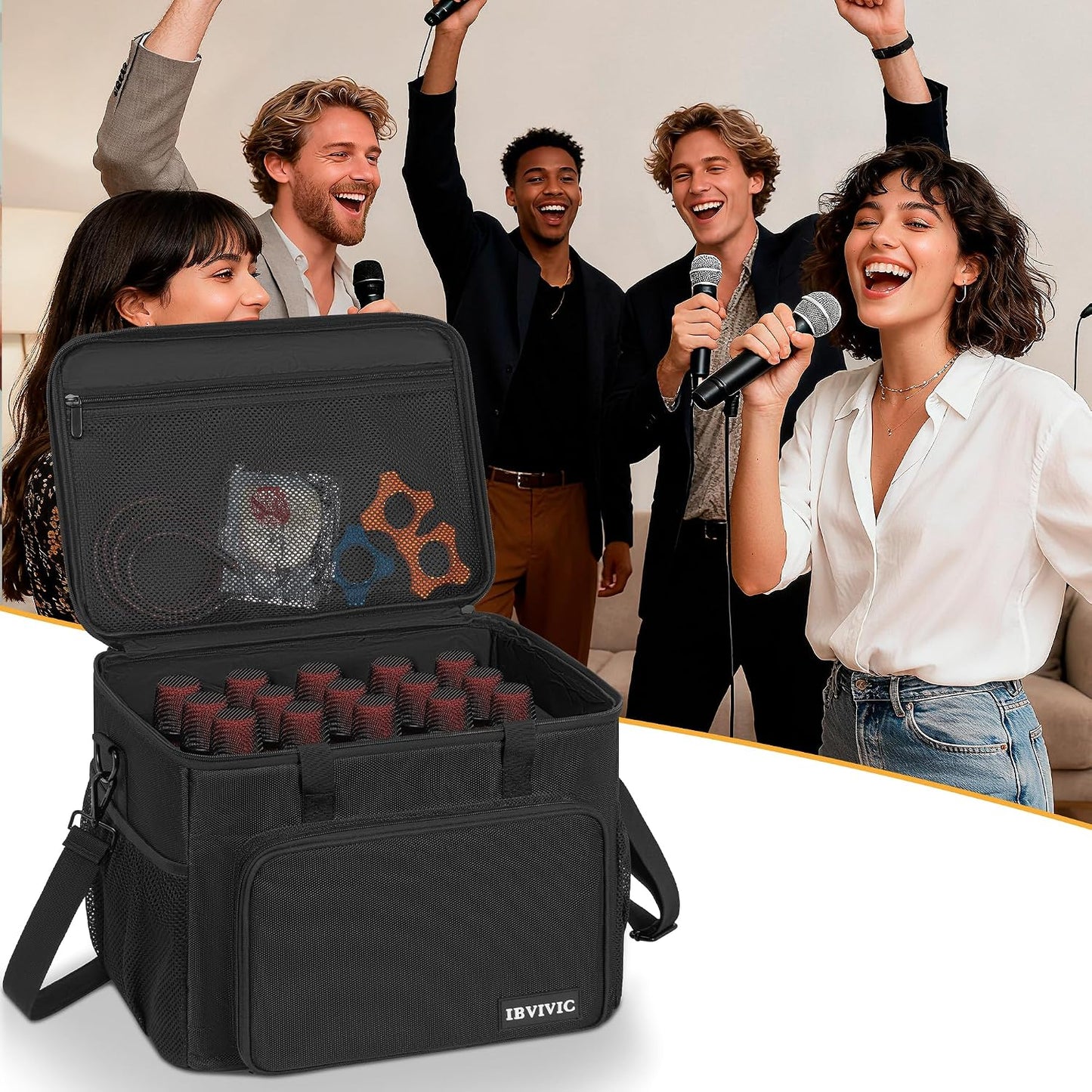 IBIVIVIC 15 Slots Wireless System Microphone Mics Bag with Foam Mic Storage Bag for Singing, Karaoke, Party Sound Equipment Carrying Case