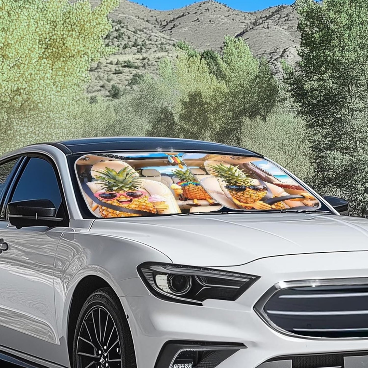 Renewold Car Front Windshield Sun Shade Auto Window Shade Foldable Sunshade Cover Sun Visor Shield Keep Vehicle Cool Funny Tropical Pineapple Easy Install Hawaii Summer Car Interior Accessories 2 Pcs