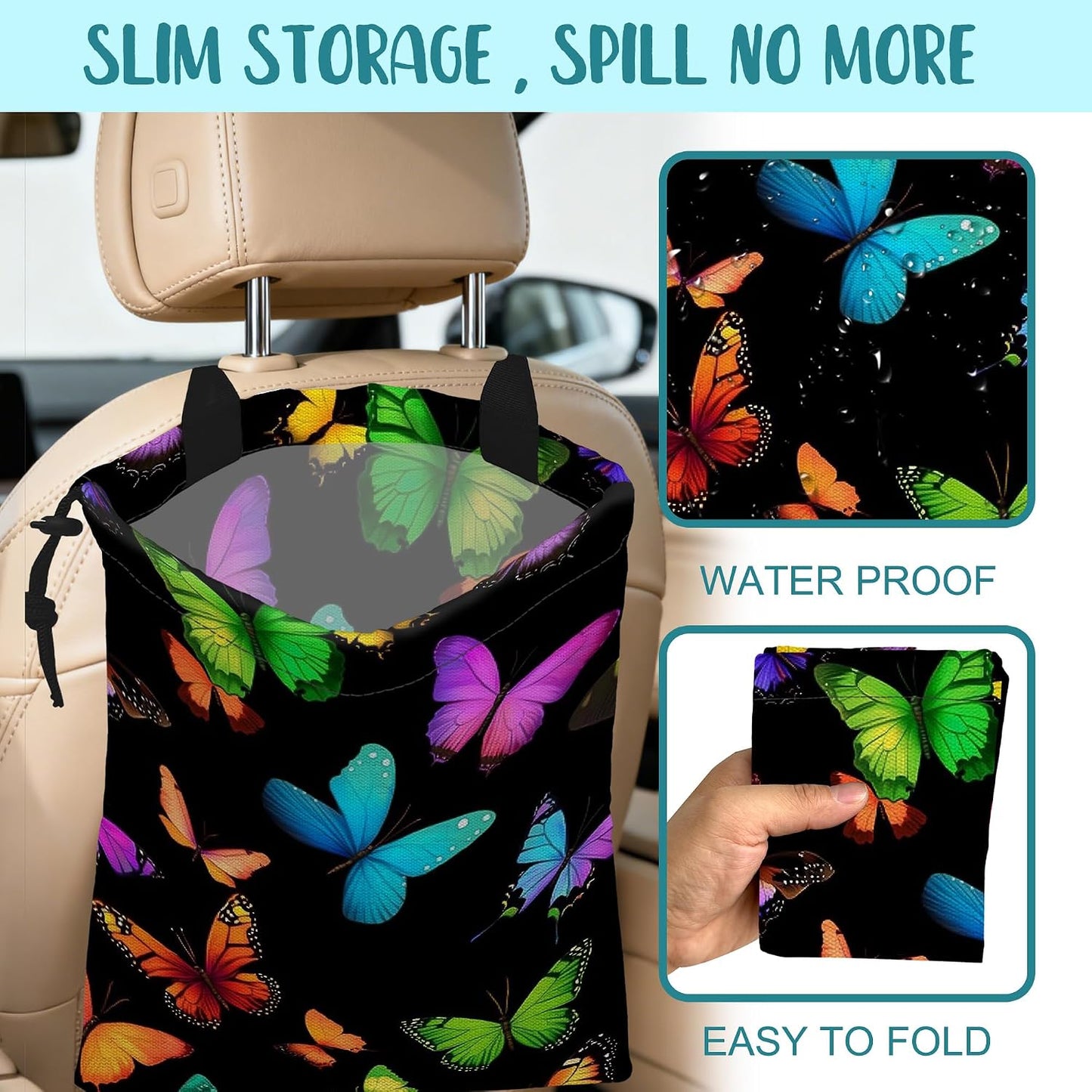 Car Garbage Bag Colorful Butterflies Drawstring Car Trash Bag Hanging for Back Seat with Adjustable Buckle Canvas Vehicle Trash Can Easy-to-Install