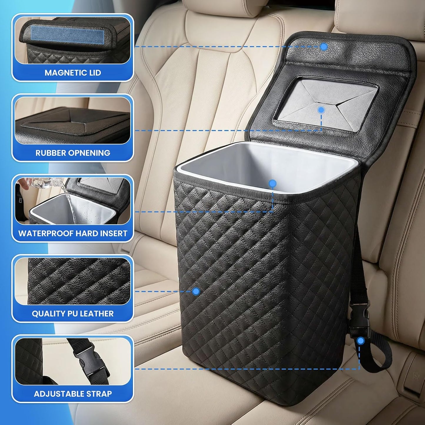 Tsumbay Car Trash Can with Lid, Leather Garbage Can, Leakproof and Removable Interior Liner, Multipurpose Hanging Garbage Bin with Quick Access Magnetic Opening, Trash Bin for Car (2 Gallon/7.5L)