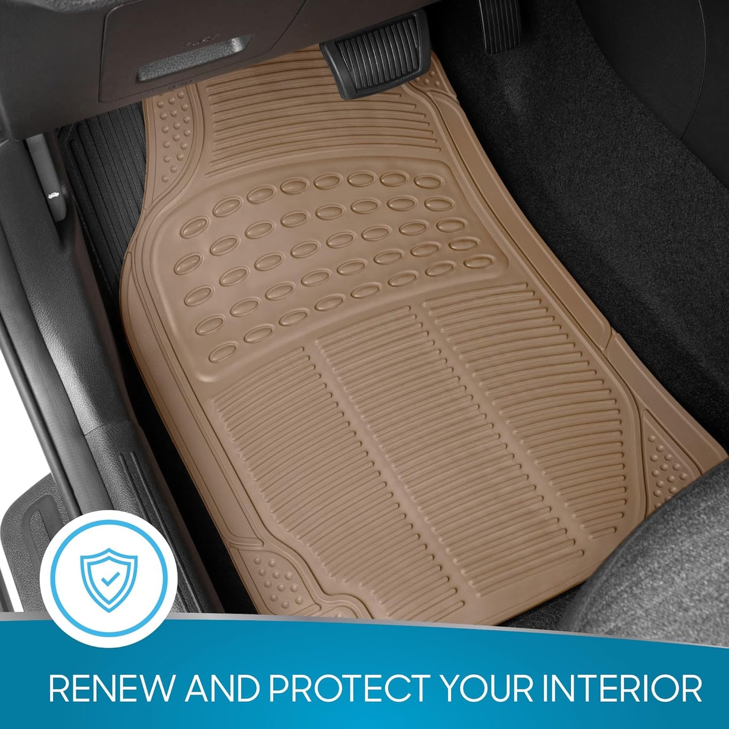 BDK ProLiner Floor Mats for Cars Trucks SUV, 4-Piece All-Weather Car Mats with Universal Fit Design, Durable Car Floor Mat with Capture Ridges, Waterproof Rubber Floor Mat for Cars (Beige)