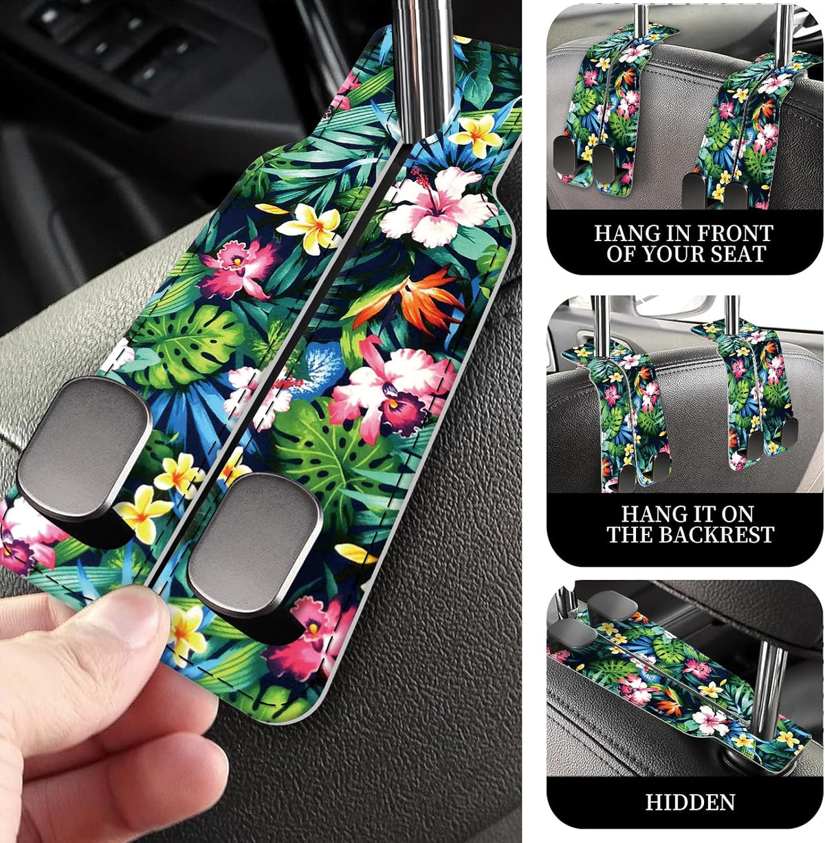 PU Leather Car Seat Hook, Storage Headrest Hanger, Cute Car Backseat Organizer, Car Hooks for Purses and Bags Tropical Hibiscus Leaves